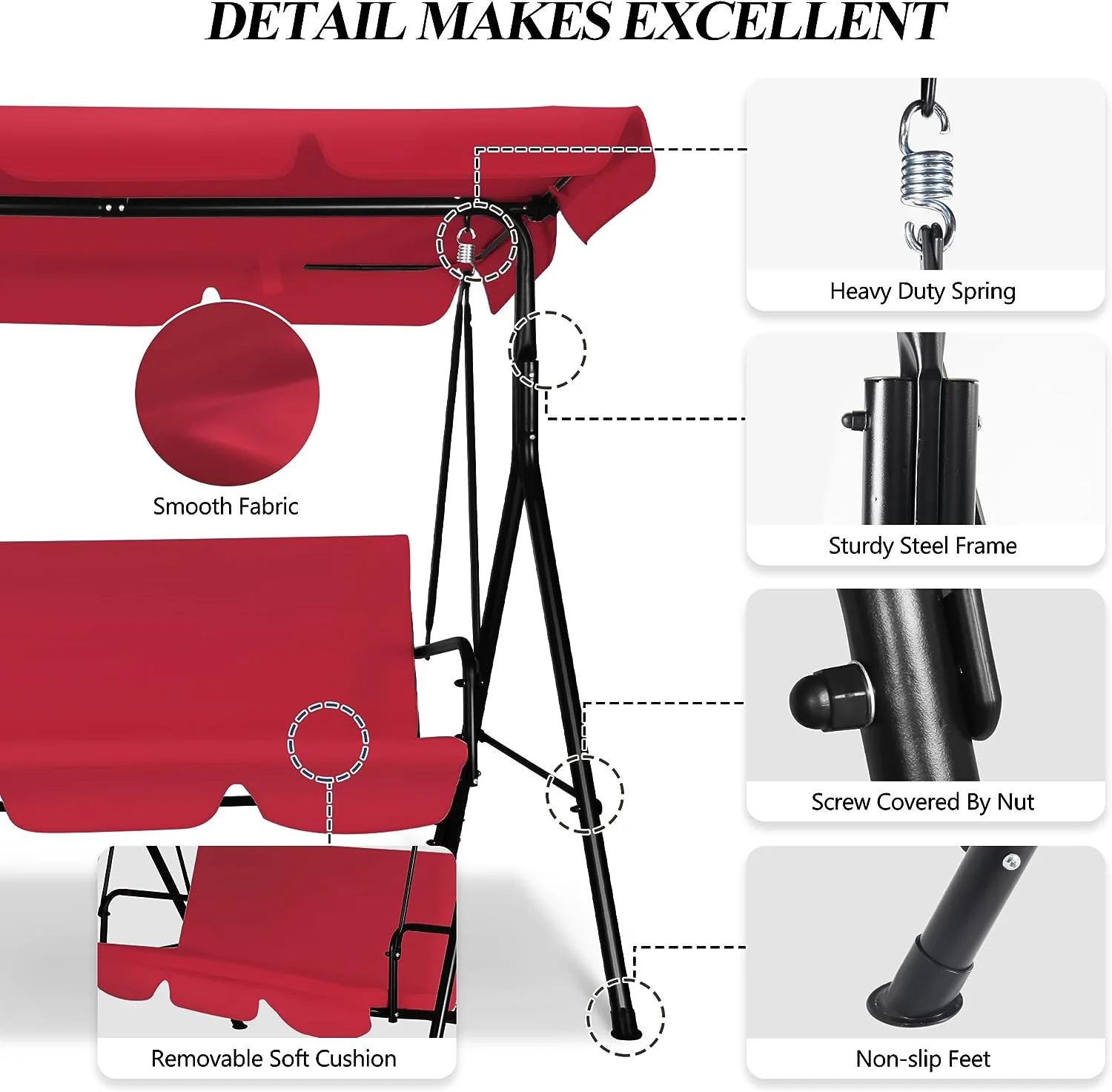 COVERONICS 3-Seat Patio Swing Chair, Outdoor Porch Swing with Adjustable Canopy and Durable Steel Frame for Patio, Garden, Poolside(Red)