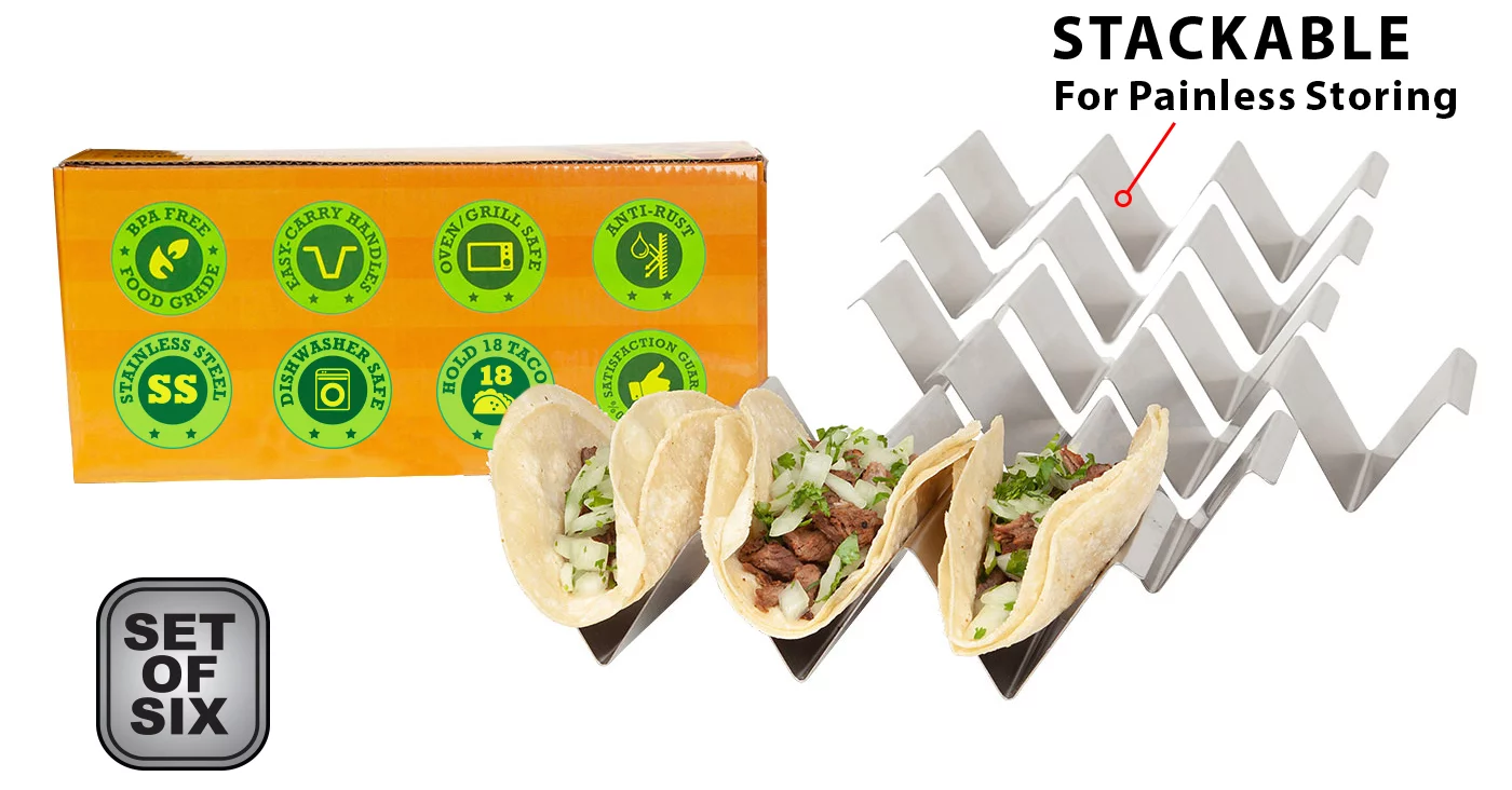 Taco Holder Stand - Set of 6 - Oven & Grill Safe Stainless Steel Taco Racks With Handles - Fill & Serve Tacos With Ease - Taco Tray by Fiesta Kitchen