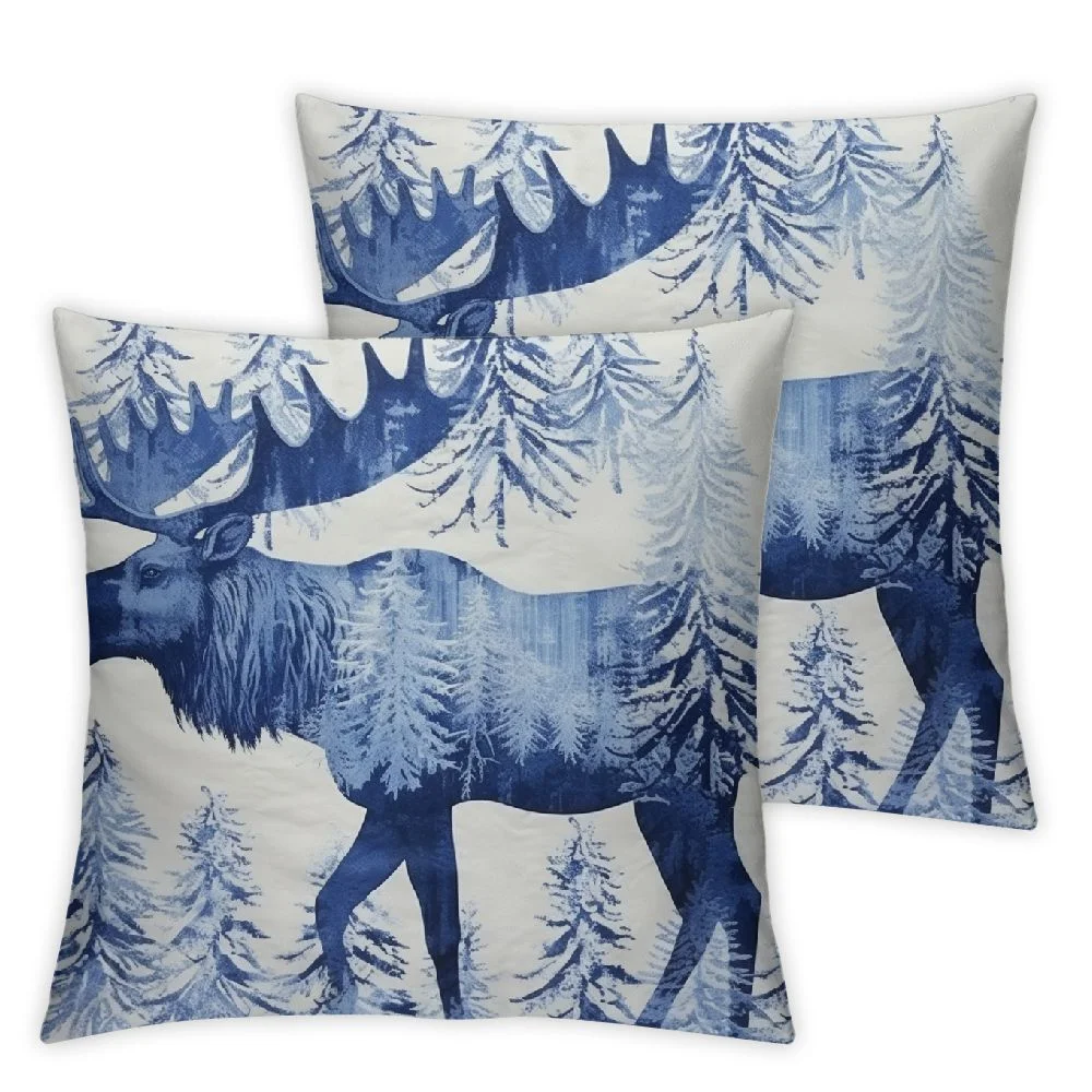 Ulloord  Moose Throw Pillow Cushion Cover, Blue Pattern Pine Needles Spruce Tree with Antlers Deer Family Snow Winter Horns, Decorative Square Accent Pillow Case,  18x18 , White Blue