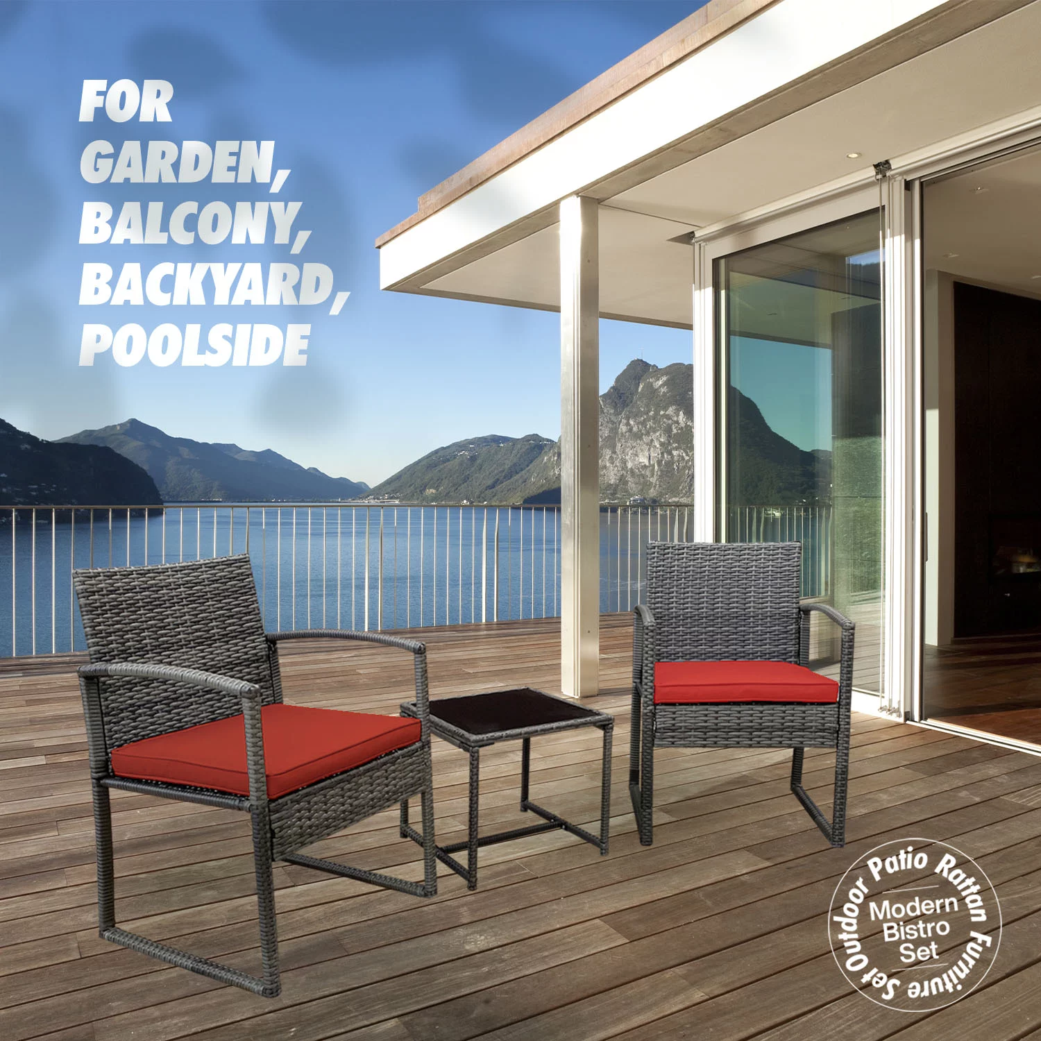 Bambina 3-Piece Stylish Rattan Bistro Furniture Set -2 Chairs With Perfect Solid Glass Tea Table - Red