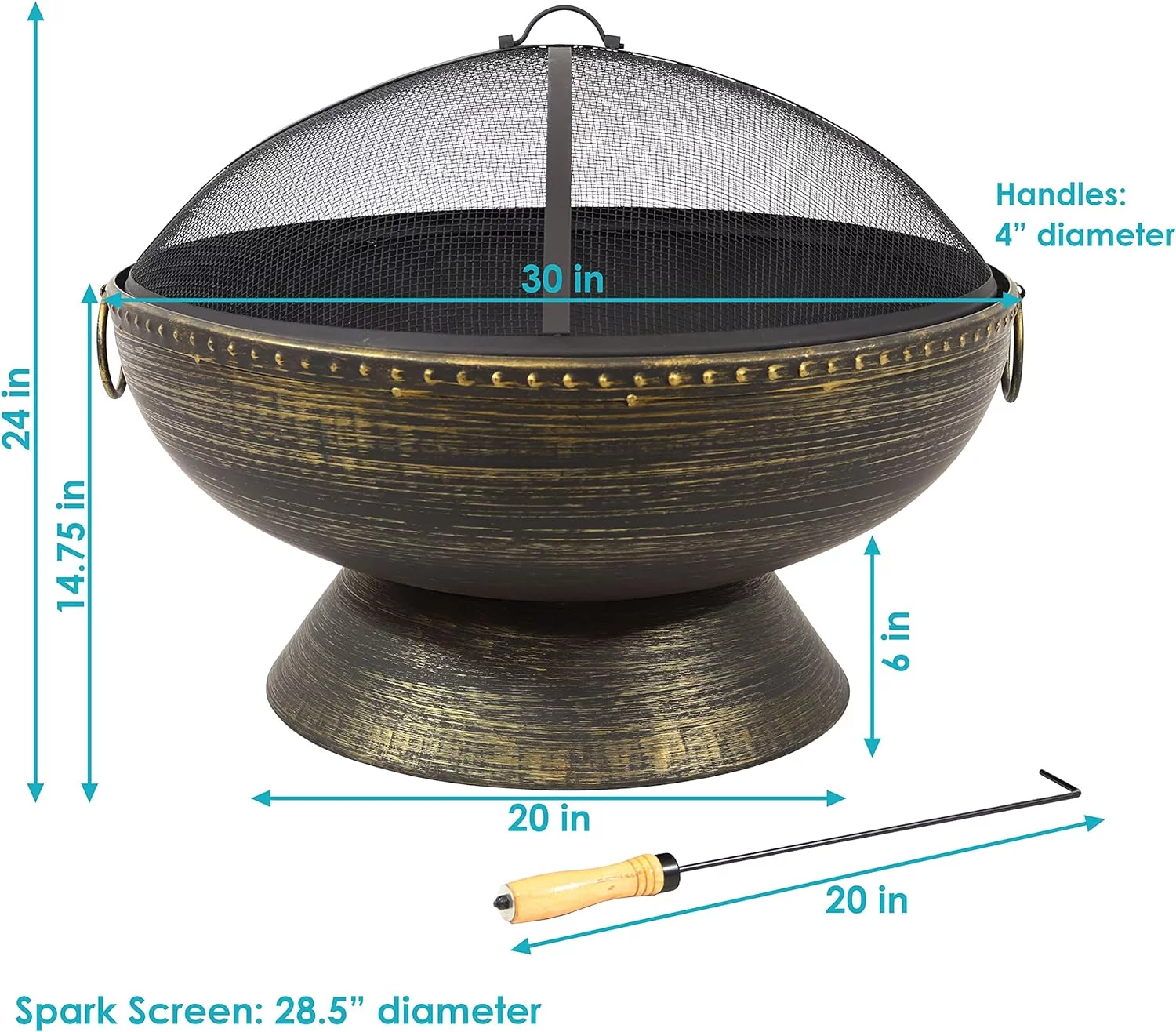 30-Inch Fire Pit Bowl with Spark Screen, Fireplace Poker, and Metal Grate - Black High-Temperature Paint Finish