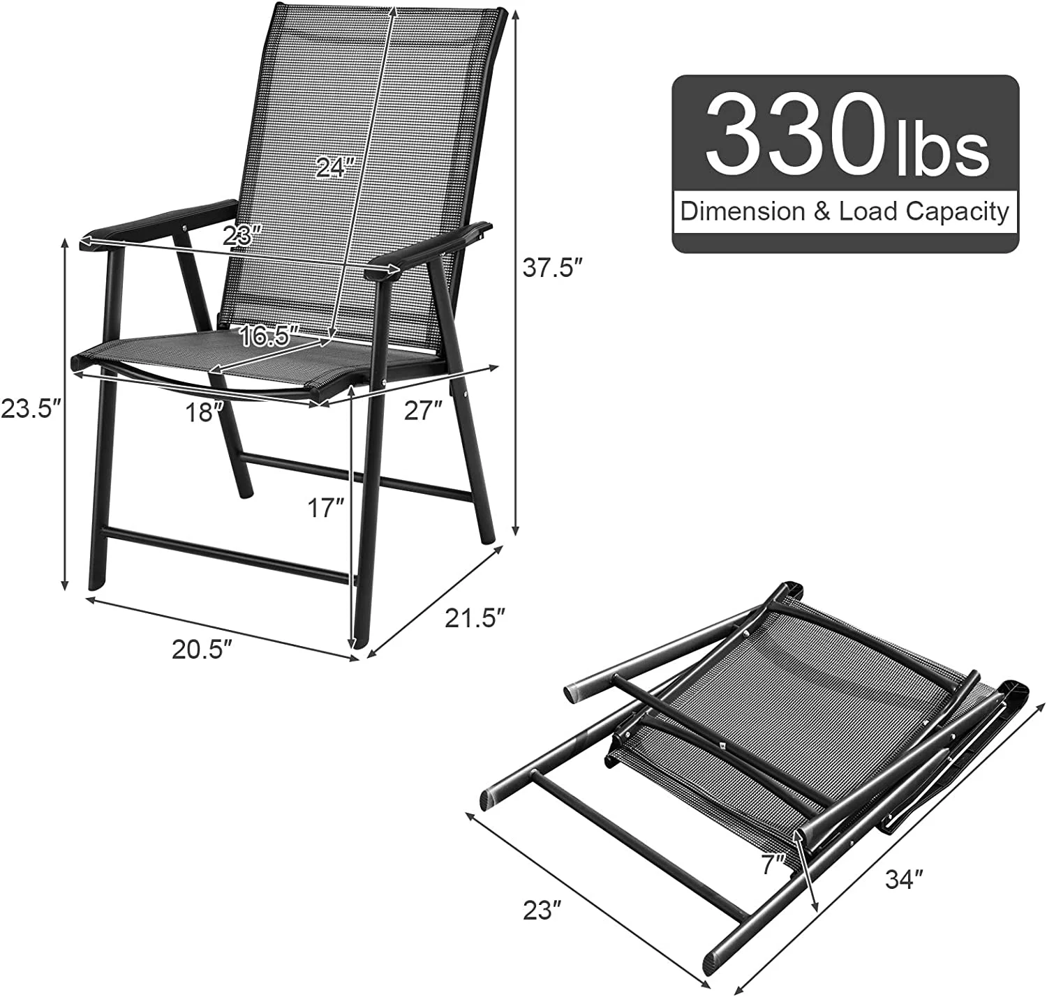 Giantex Set of 2 Patio Folding Chairs, Outdoor Chairs with Armrest, Portable Dining Chairs for Porch Camping Pool Beach Deck Lawn Garden, 2-Pack Patio Sling Chairs, Metal Frame, Grey