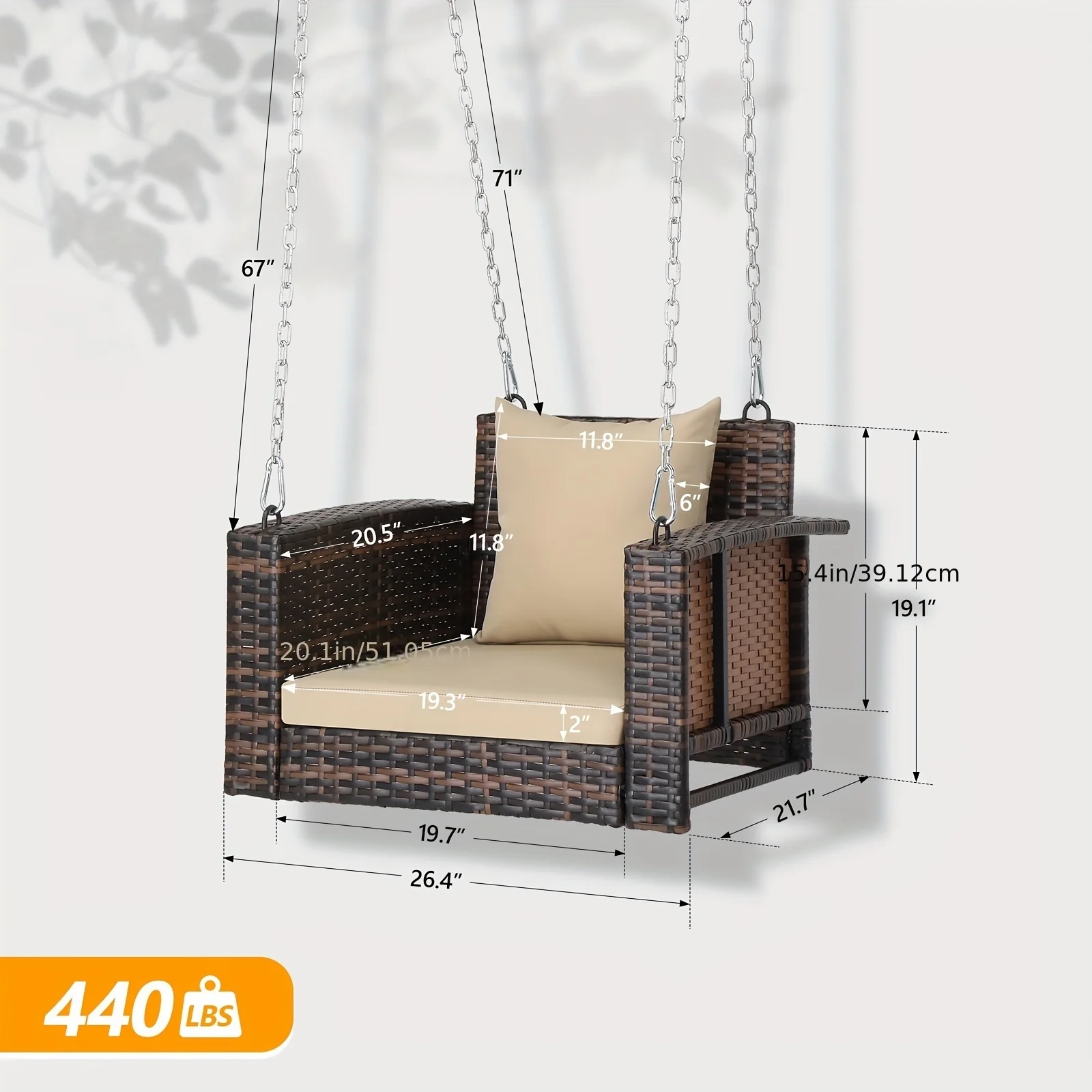 DFSDFGF32 Outdoor Wicker Swing Chair, Single Person Hanging Seat Outdoor Rattan Porch with Back & Seat Cushions and Metal Chains for Porch Backyard Lawn Garden, Brown/Black