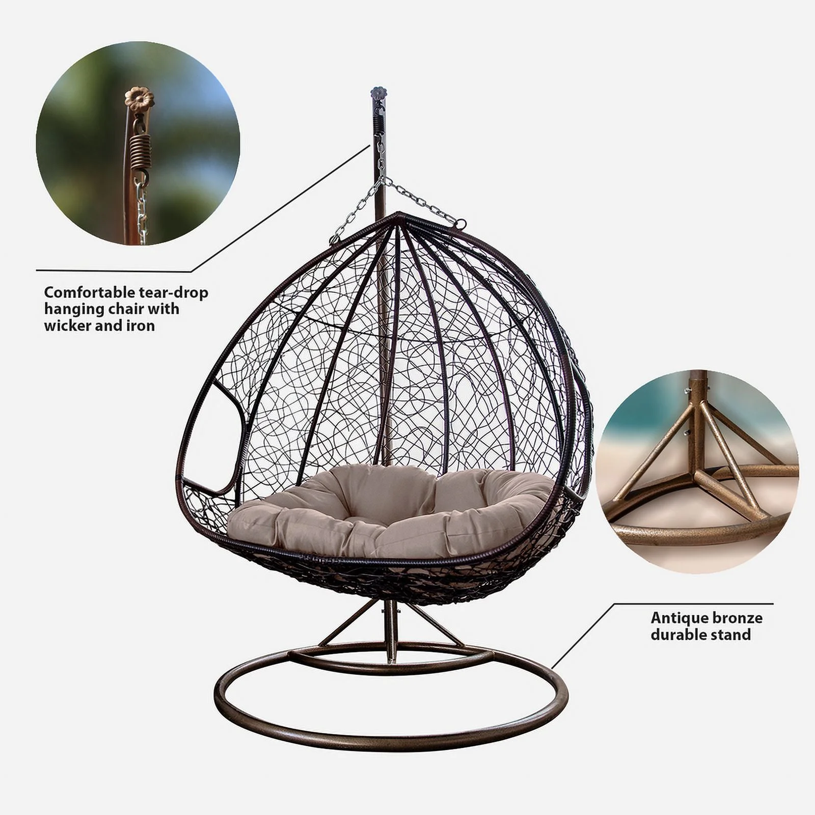 Double Seats Outdoor Wicker Swing with Gray Cushion & Frame Outdoor Wicker Seating