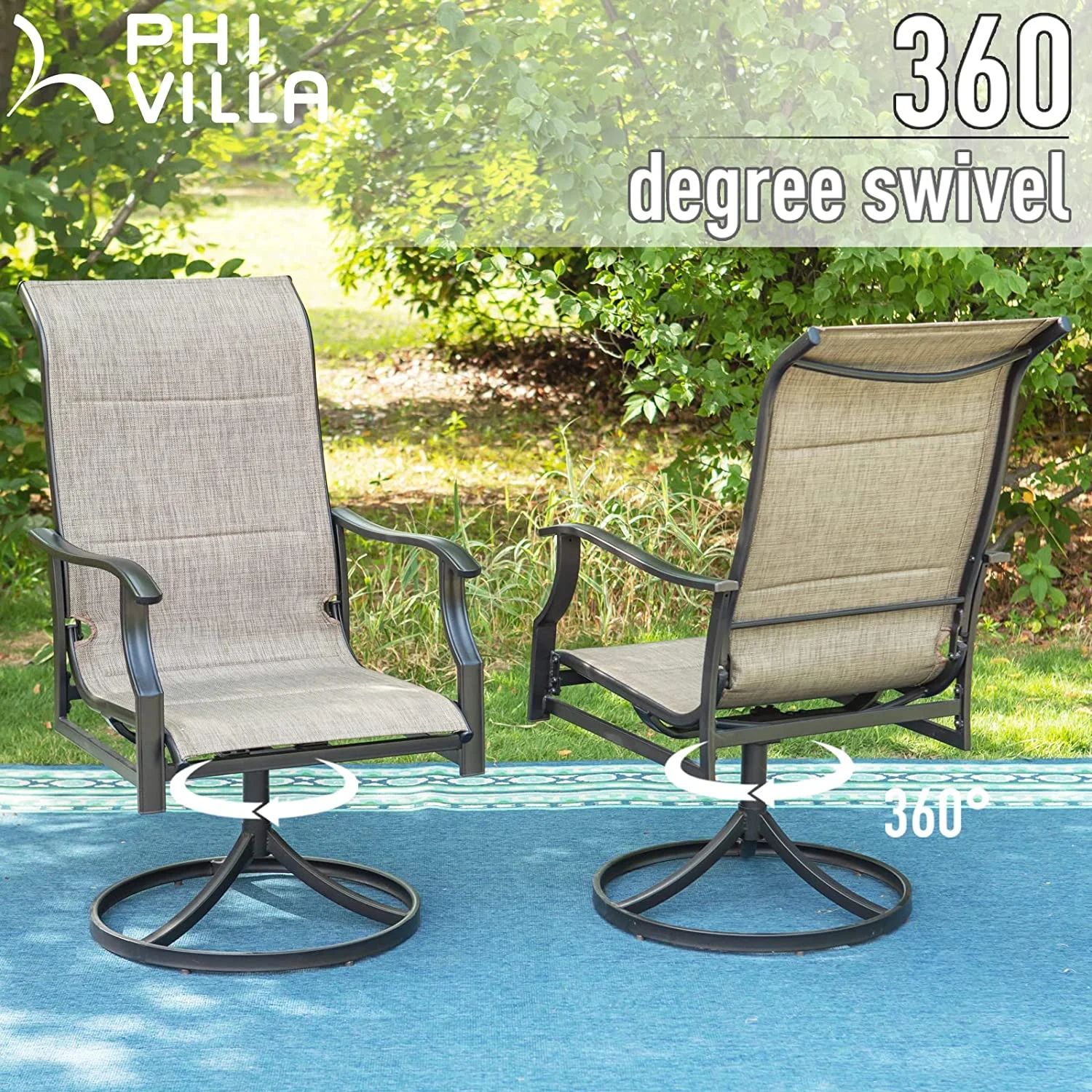 VILLA 7 Piece Outdoor Patio Dining Set with 6 Swivel Chairs High Back and 1 Rectangle Metal Table for Yard Garden Pool  Textilene Furniture Set for All-Weather