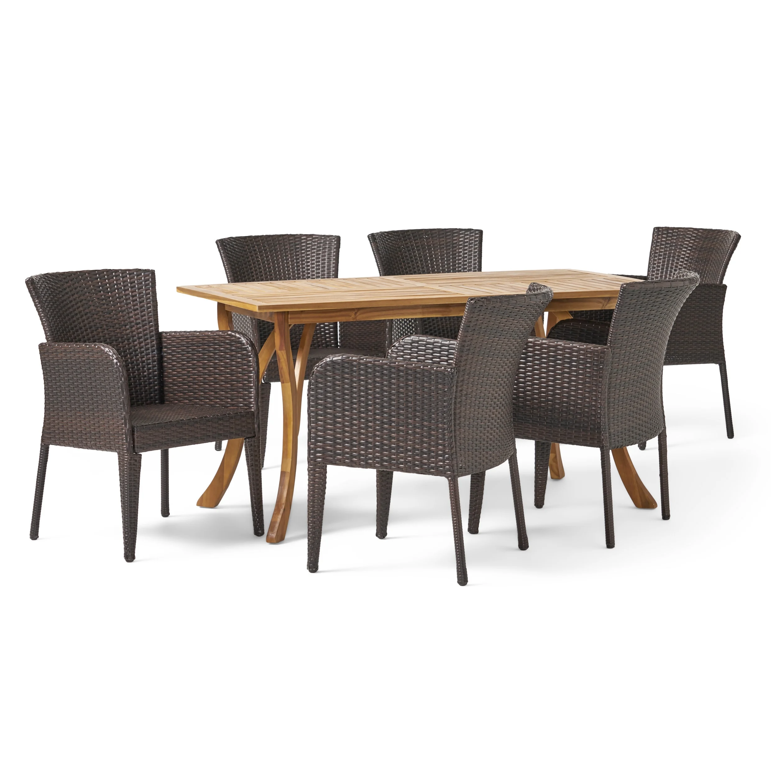 Kelly 7 Piece Outdoor Wicker and Acacia Wood Dining Set, Teak Finish