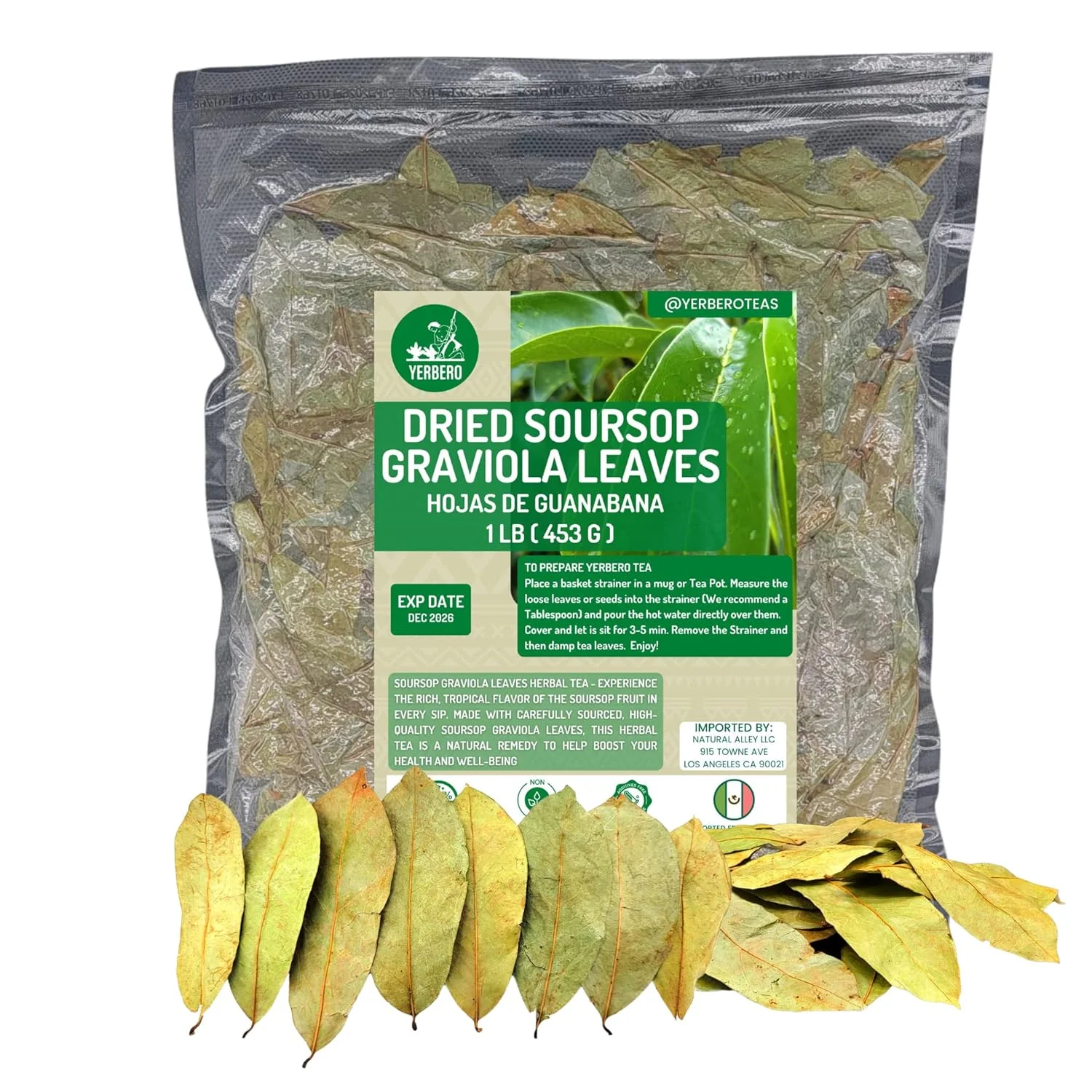 Whole Dried Graviola Soursop Leaves 1 LB (453g) Hoja De Guanabana Seca Bolsa de 1 Lb