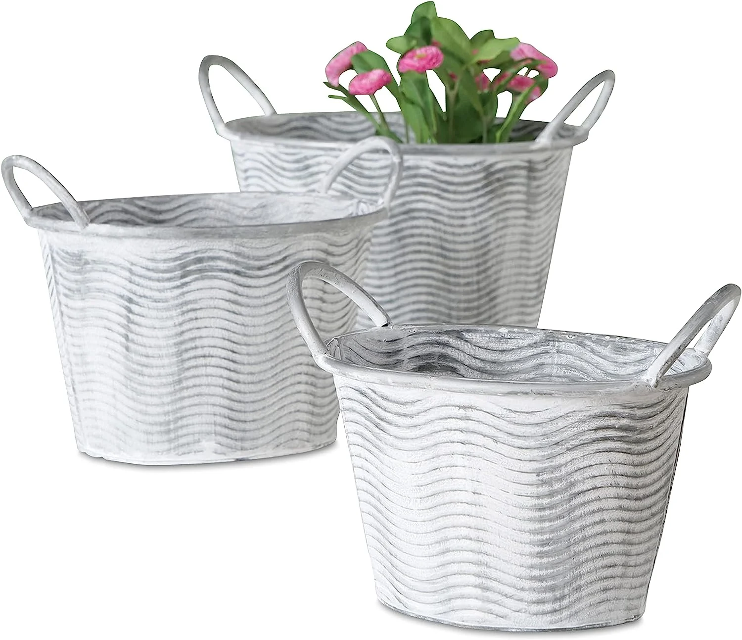 3 Piece Corrugated Wave Planter Set, Shabby White Washed, Pale Grey, Metal, Oval Cache Pots, 12.5, 11.5, and 9.5 Inches