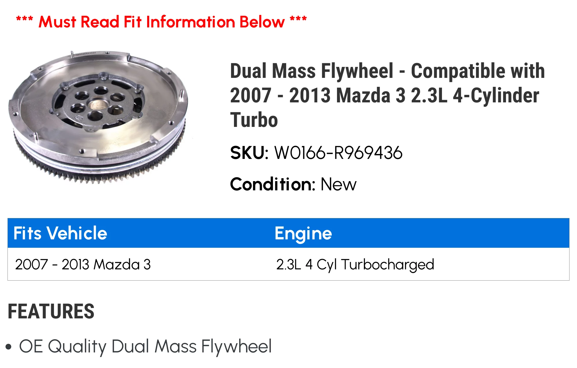 Dual Mass Flywheel - Compatible with 2007 - 2013 Mazda 3 2.3L 4-Cylinder Turbo 2008 2009 2010 2011 2012