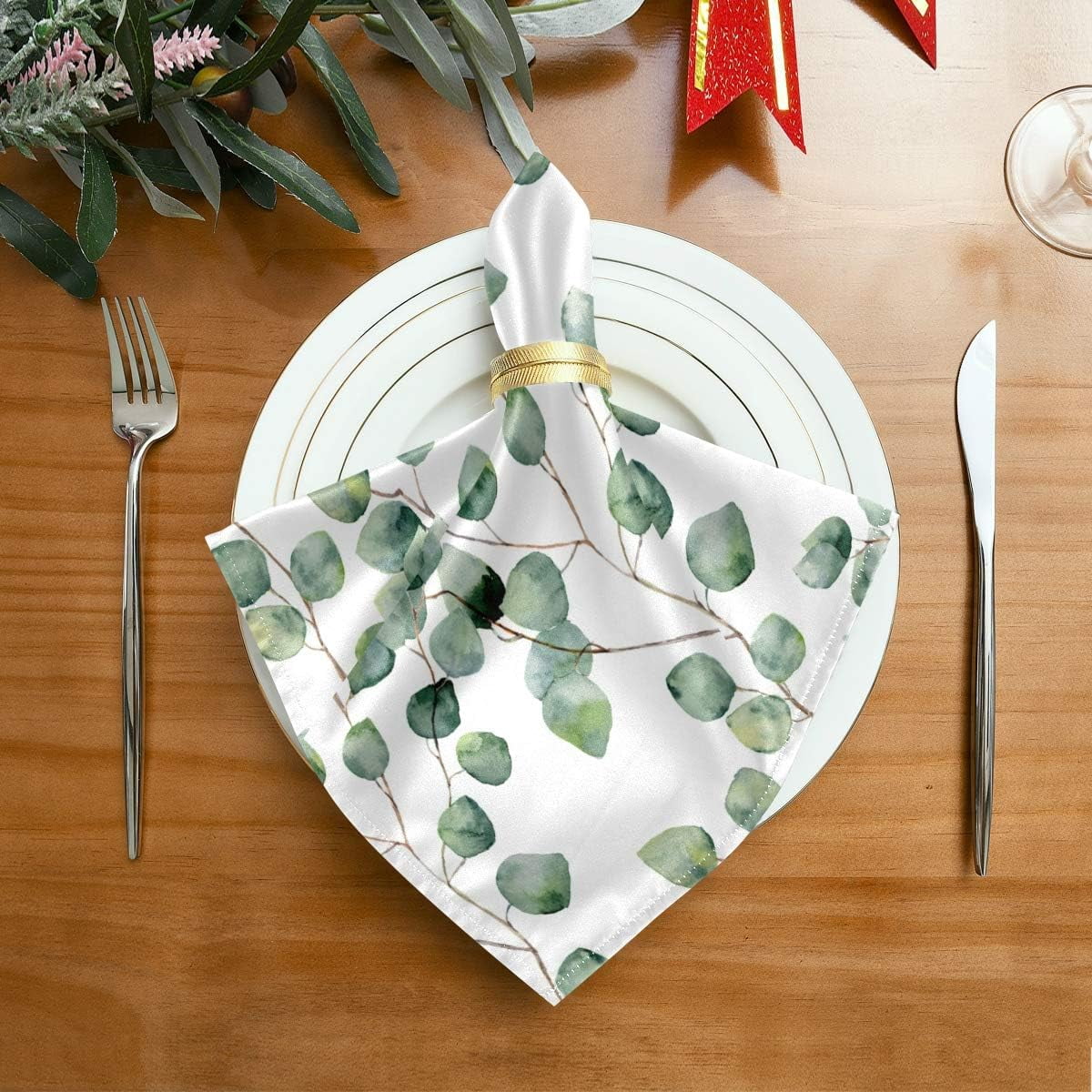 GZHJMY Set of 6 Watercolor Green Floral Eucalyptus Round Leaves Branch Silver Dollar Eucalyptus Cloth Napkins Washable Polyester Dinner Napkins 20