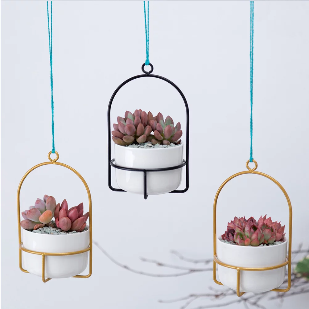 Gongxipen 1 Set Wall Hanging Flower Pot Iron Rack Ceramic Flowerpot Home Wall Hanging Decor for Home (Golden Frame, White Flowerpot)