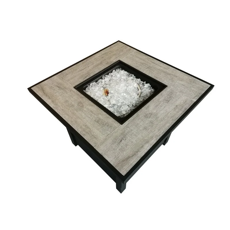 Belmont Home Bantana Square Metal and Tile Fire Pit with Glass Rocks in Black