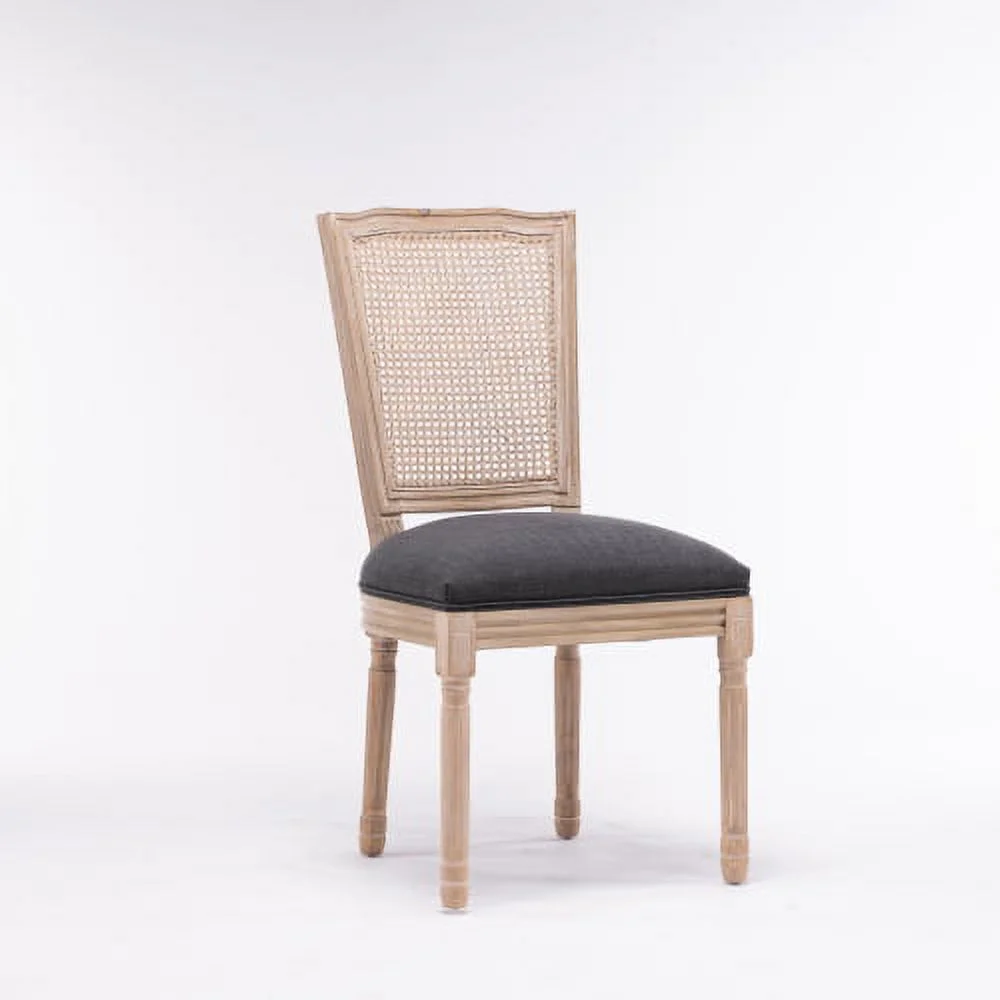 French Style Solid Wood Frame Antique Painting Linen Fabric Square Rattan Back Dining Chair,Set of 2,Dark Grey