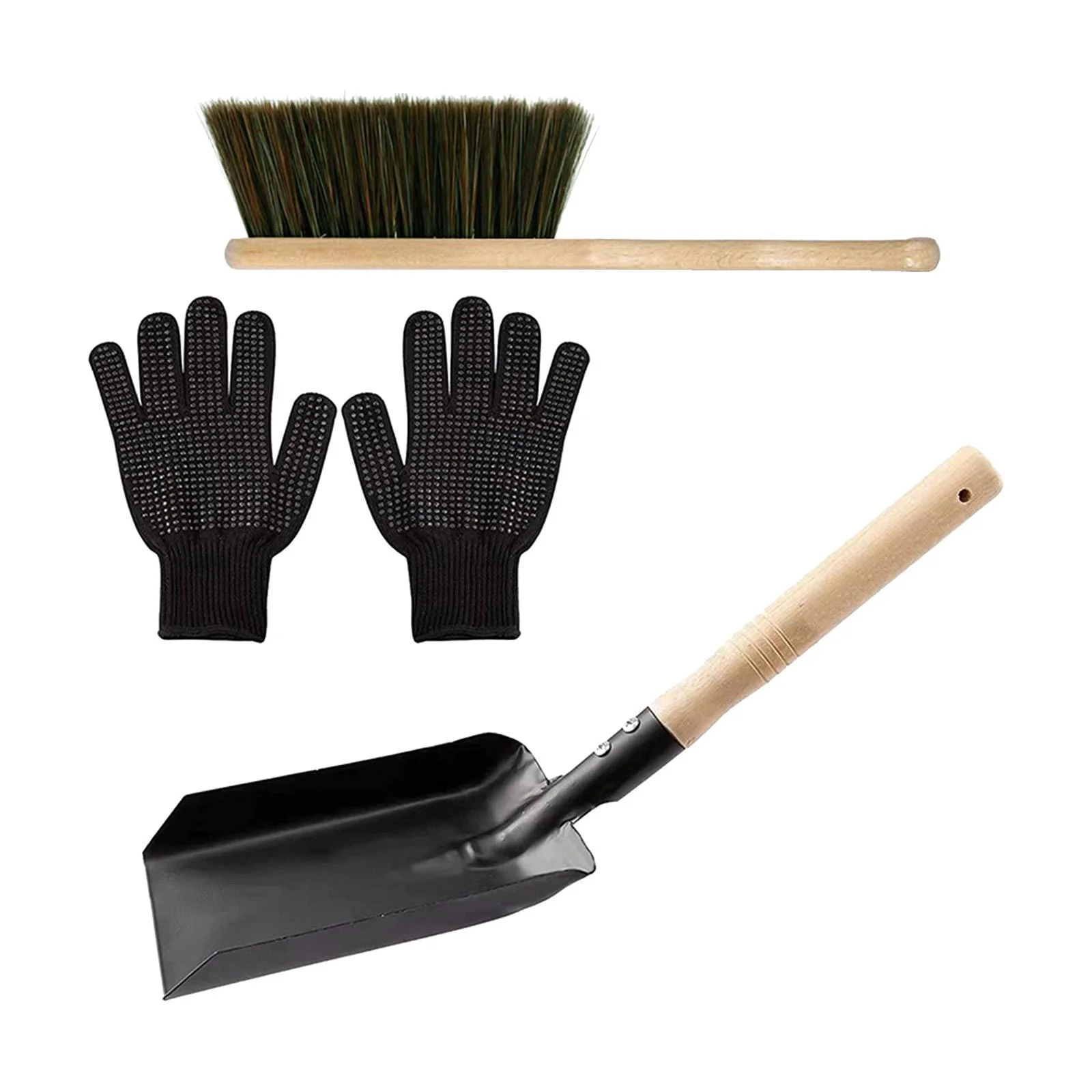 Fireplace Tools ,Fireplace Broom Steel Spade and Ash Brush Set ,Wooden Handle Ash Gloves Accessories Metal for Dust Cleaning