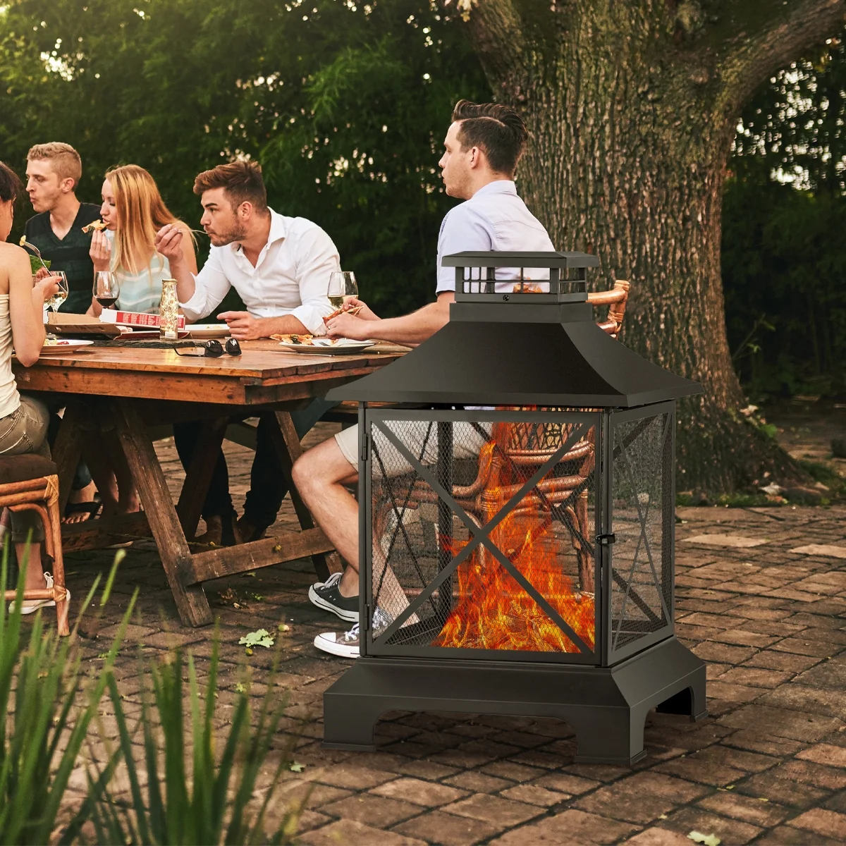 CGFHYP 24” Pagoda-Style Steel Wood-Burning Fire Pit with Log Grate and Poker - Black High-Temperature Paint Finish
