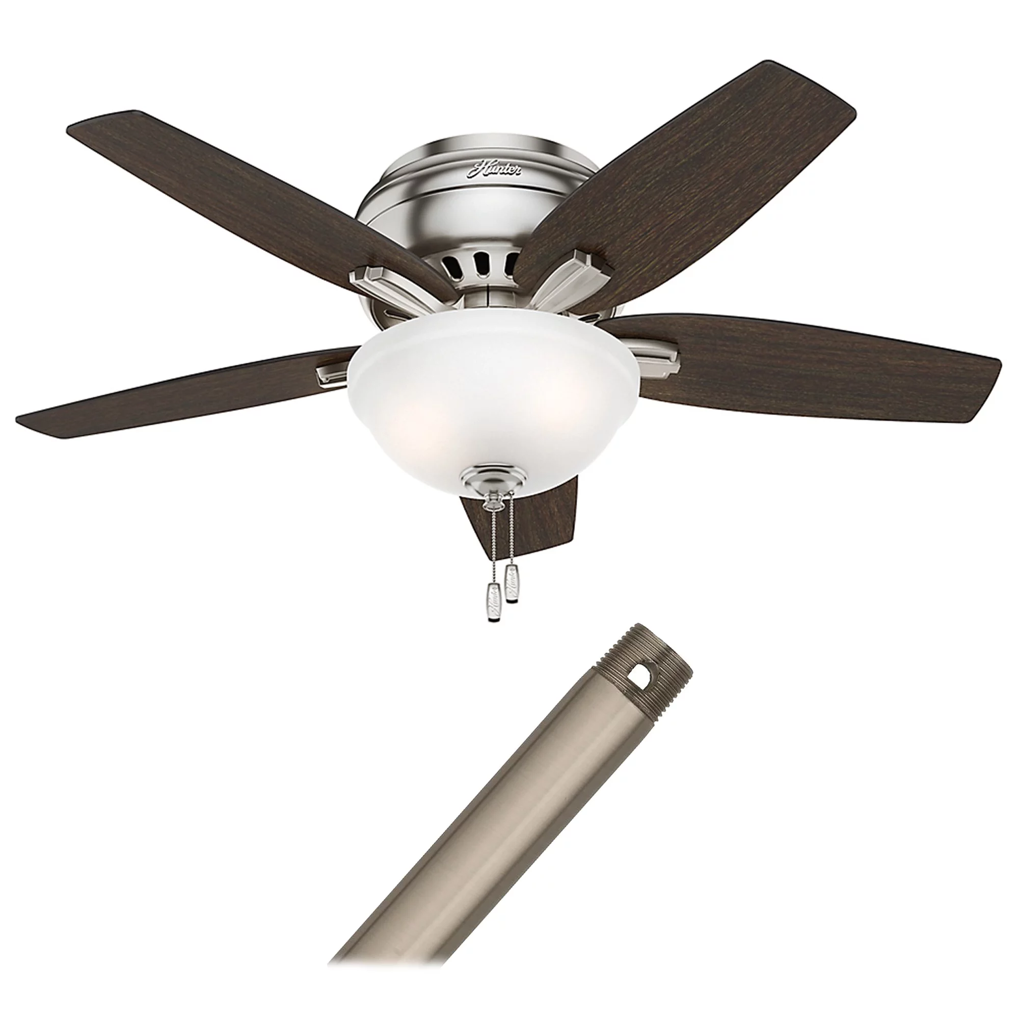 Hunter 51082 Newsome 42-Inch Low Profile Ceiling Fan with Light (Medium Walnut/Dark Walnut with Brushed Nickel Finish) & 26019 Brushed Nickel Downrod (12-Inch)
