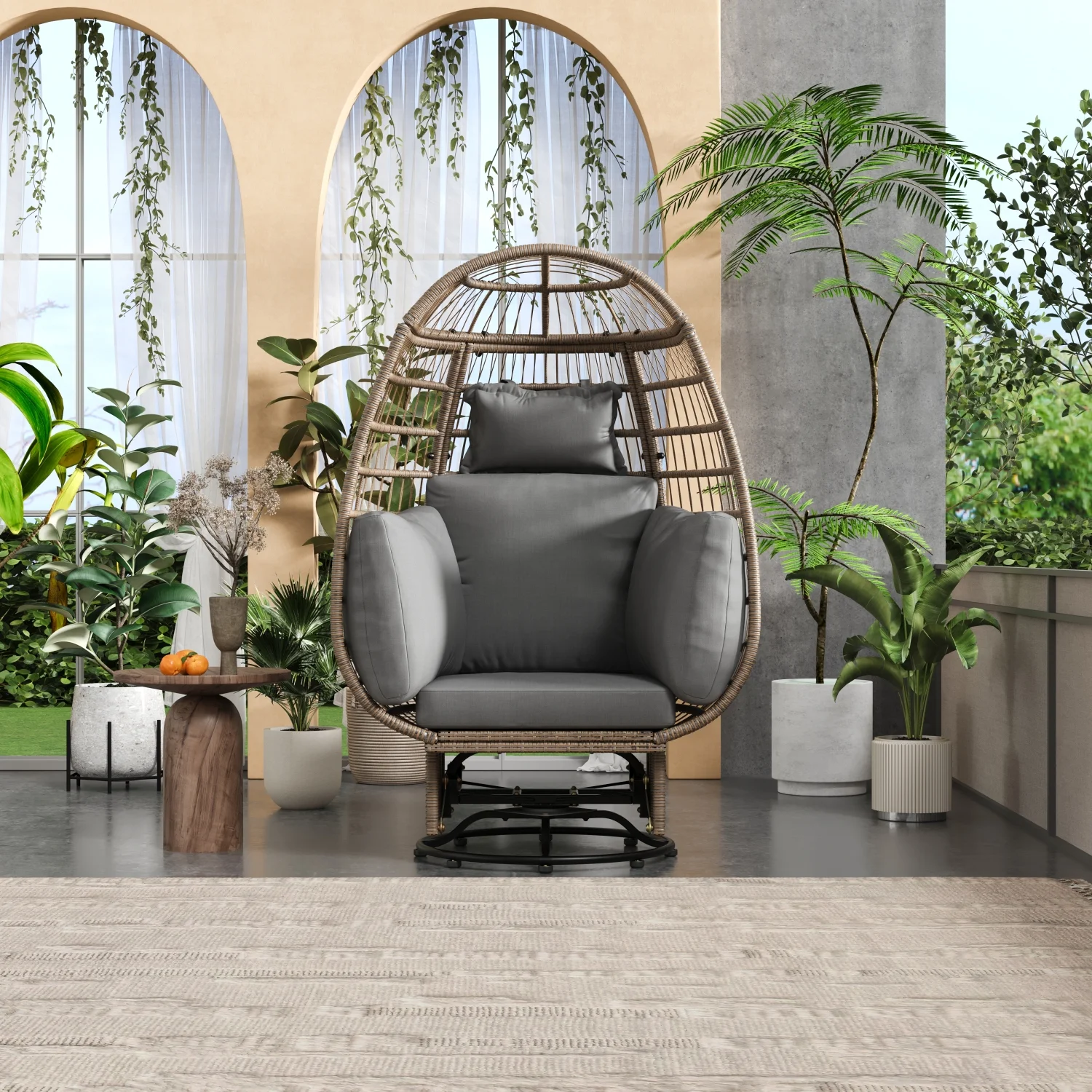 Comfortable and Stylish TREXM Outdoor Rattan Egg Swivel Chair with Rocking Function and Grey Cushions  Perfect for Balcony  Poolside  and Garden Use