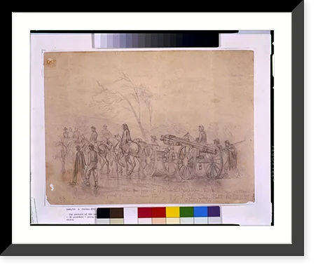 Historic Framed Print, The pursuit of Gen. Lee's rebel army. The heavy guns - 30 pounders - going to the front during a rain storm.E.F. - 2, 17-7/8