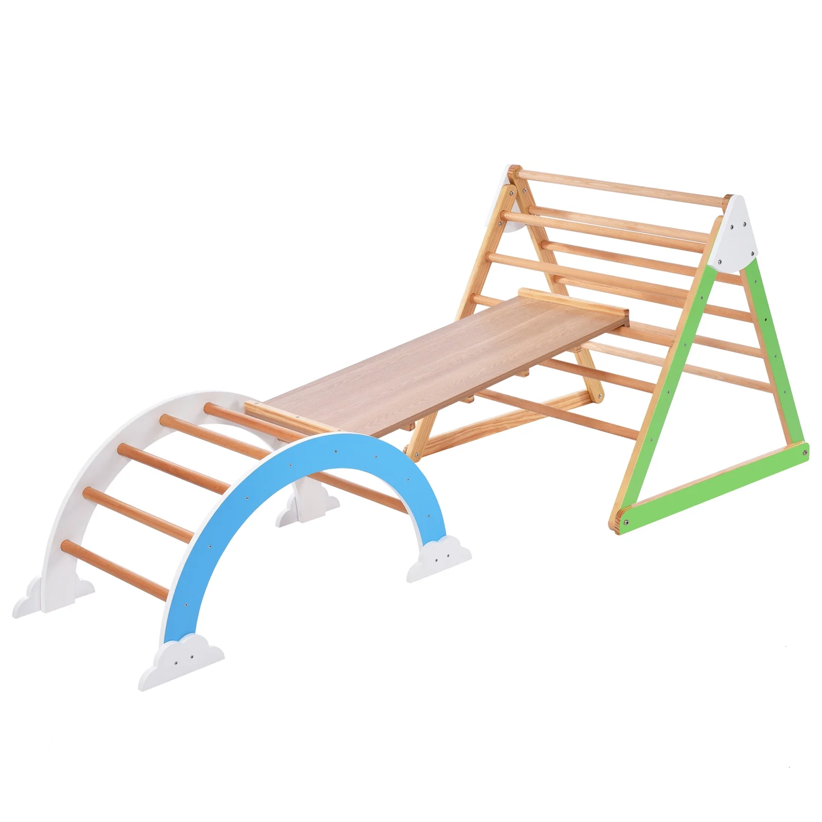 Taktack Wooden Climbing Triangle Toys - Indoor Arc Climber Jungle with Ramp and Arch Toy Rocker, Reversible Multifunction Playset Natural Wood Playground
