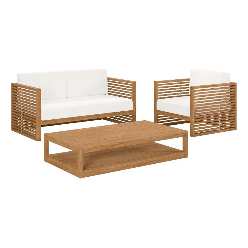Modway Carlsbad 3-Piece Teak Wood Outdoor Patio Set in Natural and White