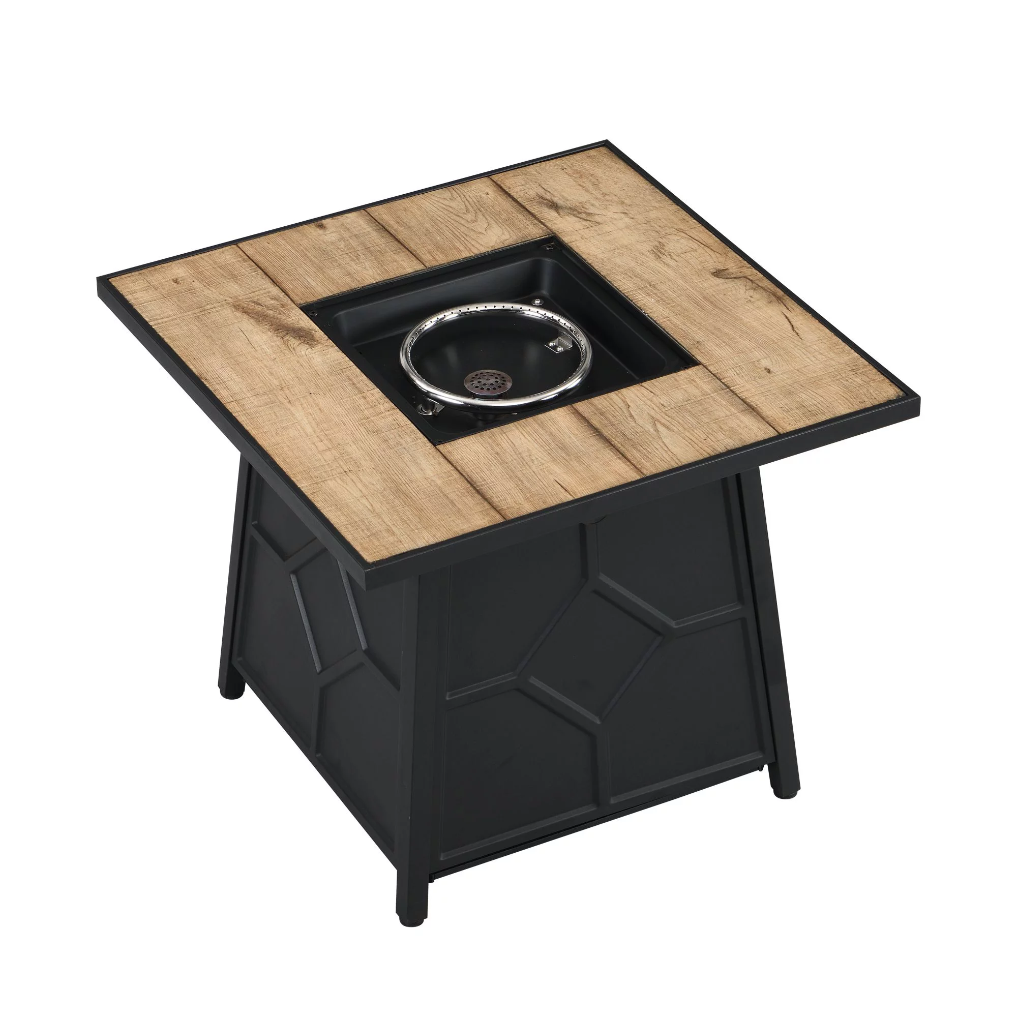 30 in. W x 25 in. H Square Black Metal Base Propane Gas Fire Pit with Wood Table Top in Black