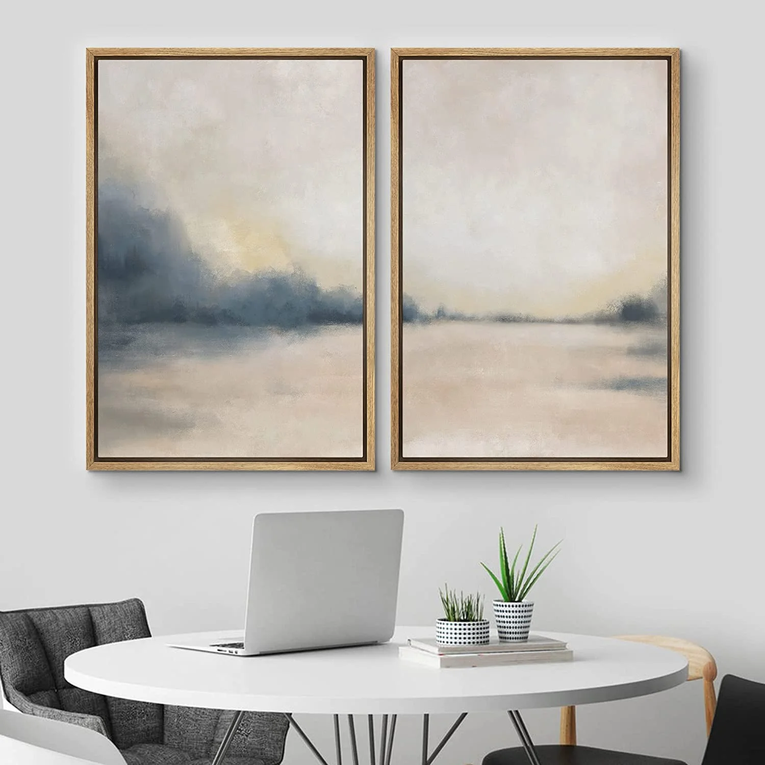 IDEA4WALL Framed Canvas Print Wall Art Set of 2 Gray & Tan Grunge Pastel Watercolor River Landscape Abstract Modern Art Colorful Contemporary Print for Bedroom, Office - 24