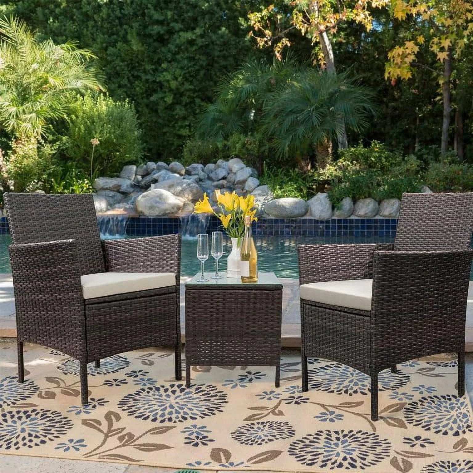 YPDCHB 3 Pieces Patio  Sets Outdoor Patio Chairs  PE Rattan Wicker Chairs with Table for Garden Porch Lawn Poolside(Brown/Beige)