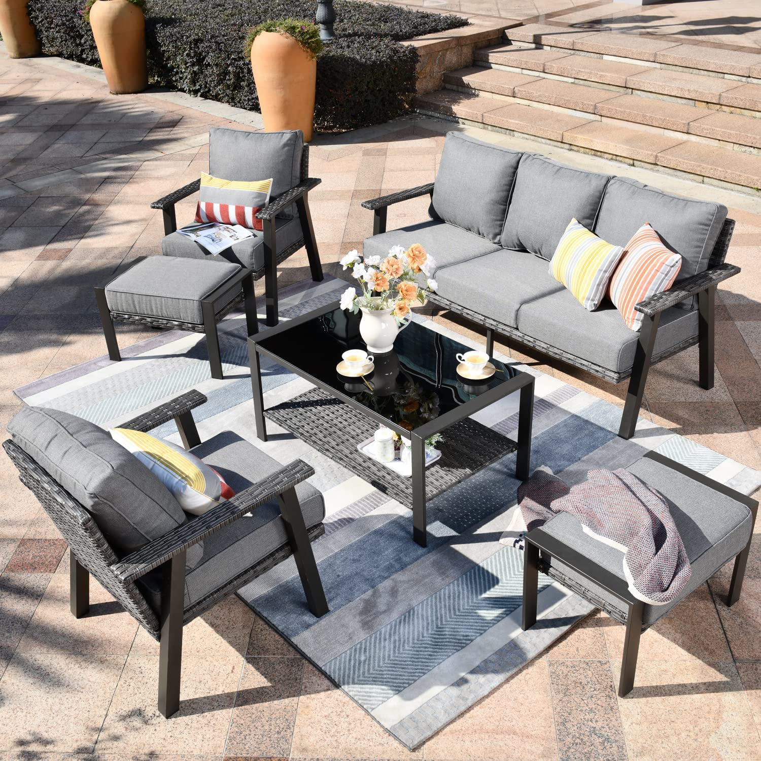 HOOOWOOO Outdoor  6 Piece Modern Conversation Set with 3 Seat Sofa 2 PCS All-Weather Wicker Chair Tempered Glass Top Table and Ottoman Footstool Dark Grey Cushions
