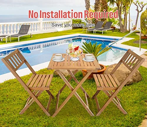 3 Piece Wooden Patio Bistro Set, Outdoor Folding Bistro Set Small Bistro Table and Chairs Set of 2 for Porch Balcony Lawn Yard Bistro Deck Bed Patio Furniture Set Steel Cafe Table And Chairs Set