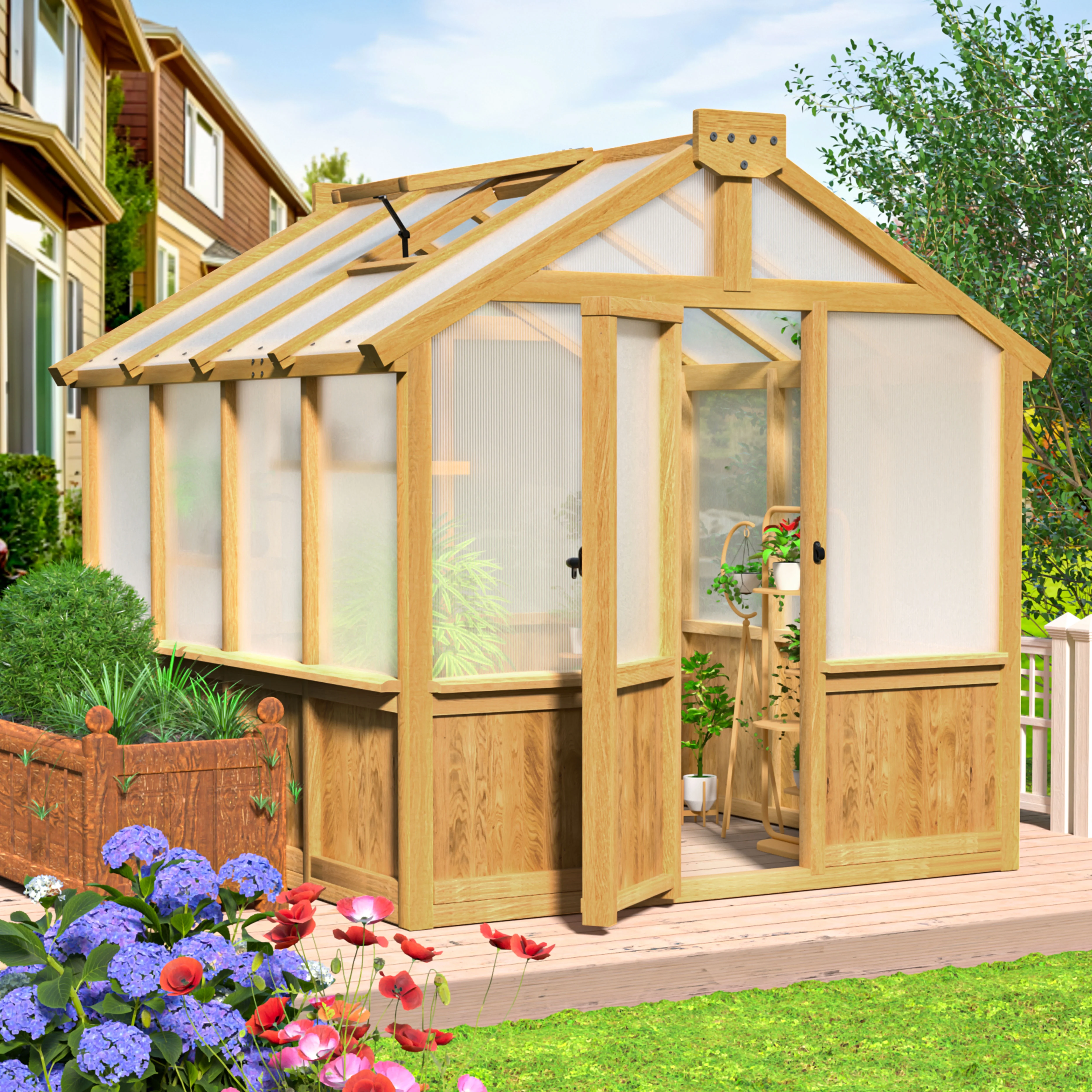 VEIKOUS 8' x 6' Outdoor Cedar Wood Greenhouse with Lockable Door and Adjustable Window for Patio, Garden