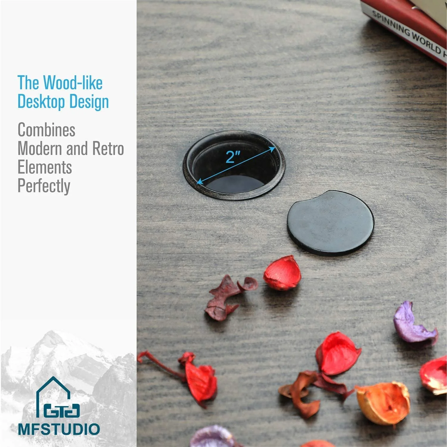 5 Pieces Outdoor Dining Set 4 Sling Dining Swivel Chairs and 48" Round Metal Wood Grain Table with 2" Umbrella Hole Furniture Sets for Lawn Backyard Garden