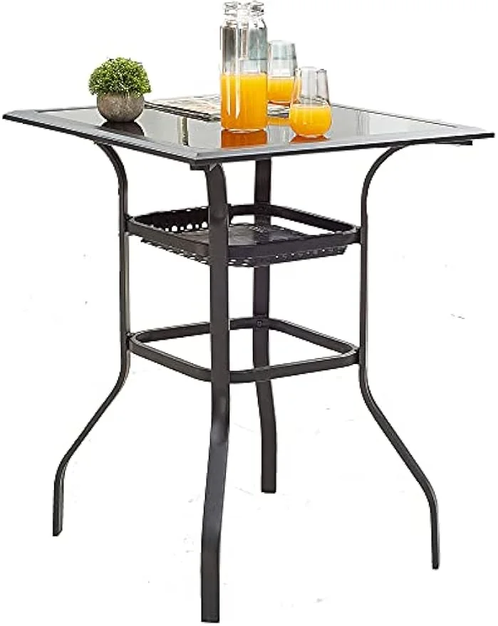 Patio Bar Height Outdoor Table Bistro Square Outside High Top with 2-Tier Metal Frame (27.6
