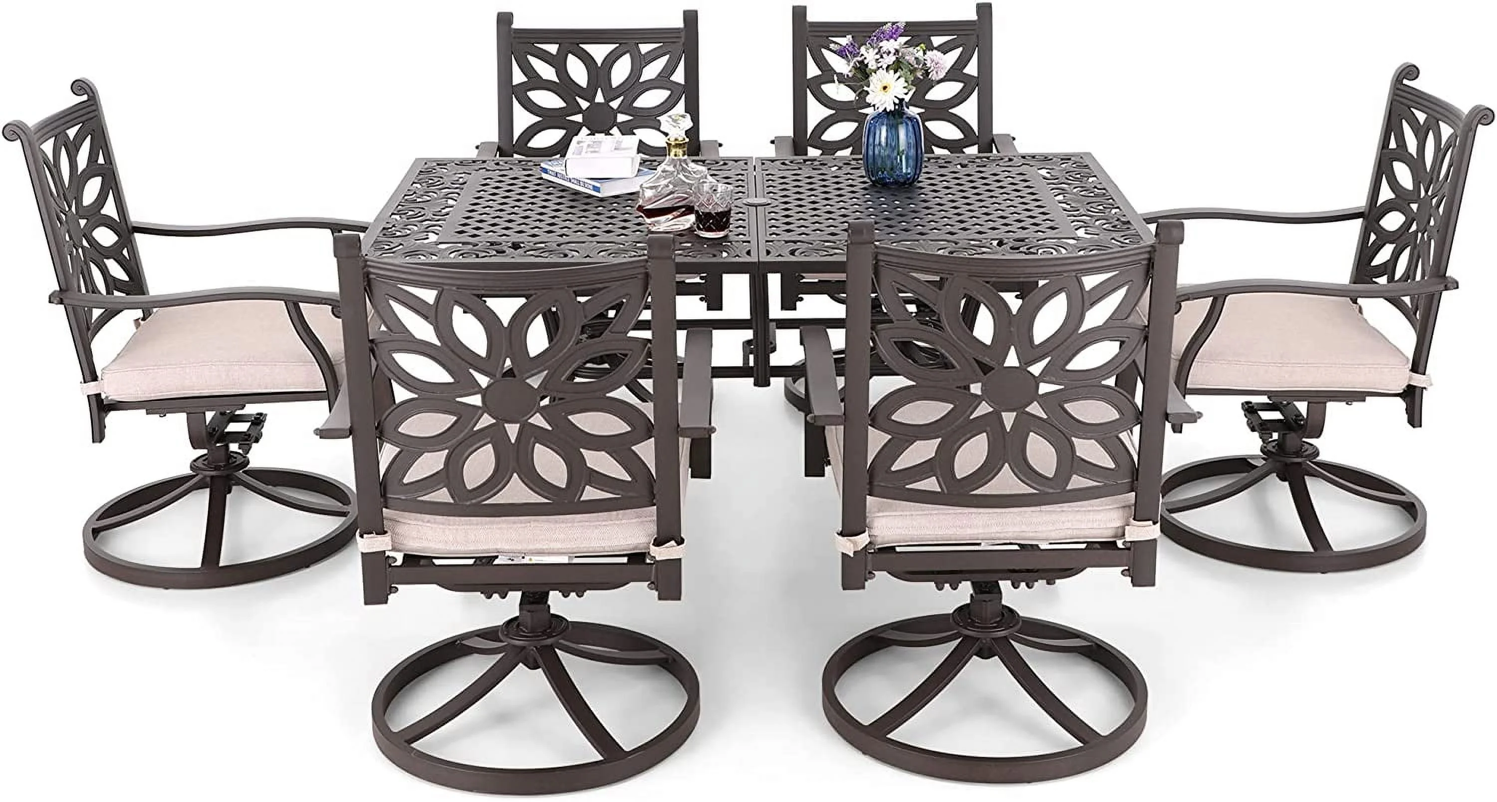 7 PCS Cast Aluminum Retro Design Patio Dining Set with 6 Swivel & Rock Chair and 1 63" Rectangular Dining Table  Outdoor Furniture for 6  Brown