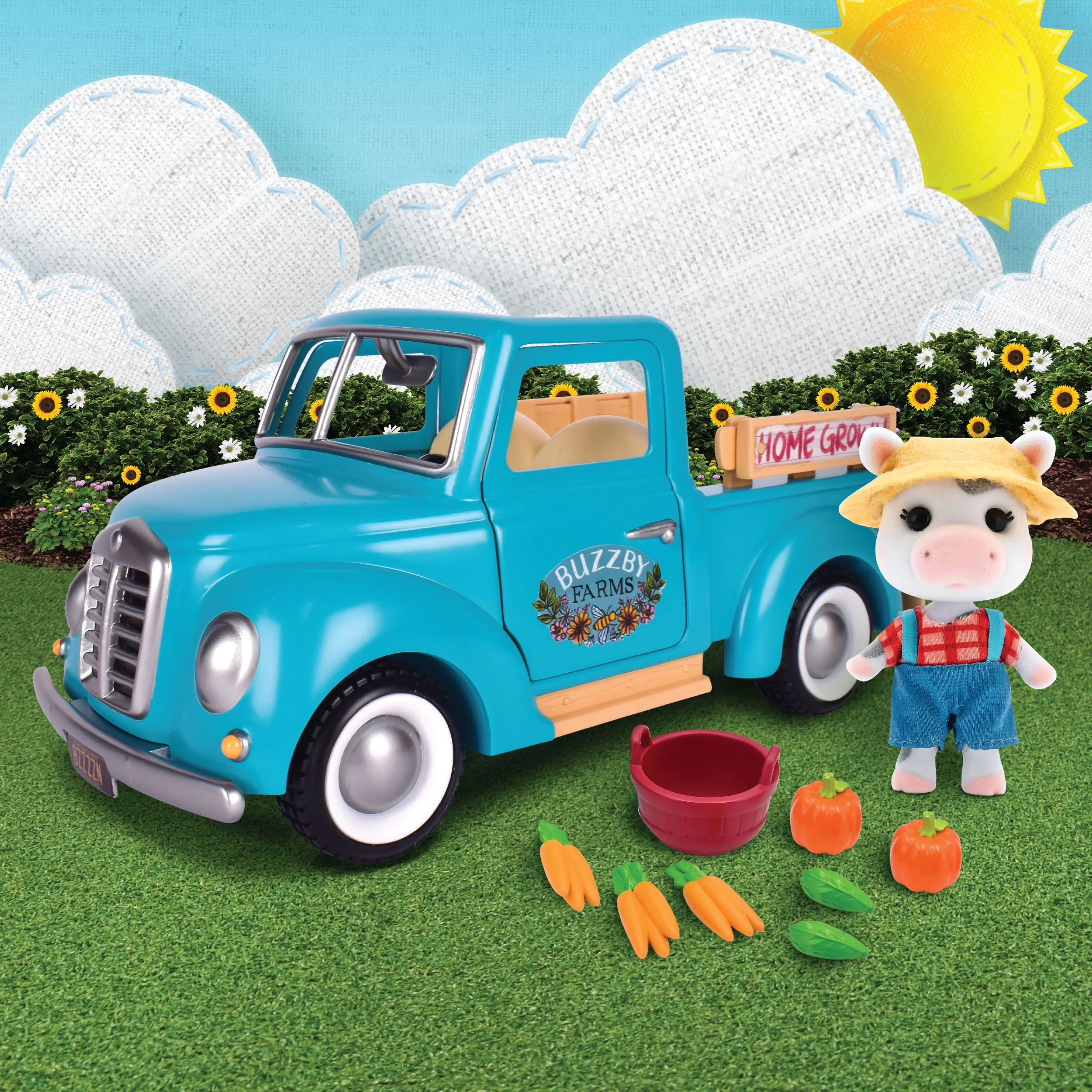 Honey Bee Acres Buzzby Blue Farm Truck with Mini Doll Figure, 10 Pieces, Children Ages 3+