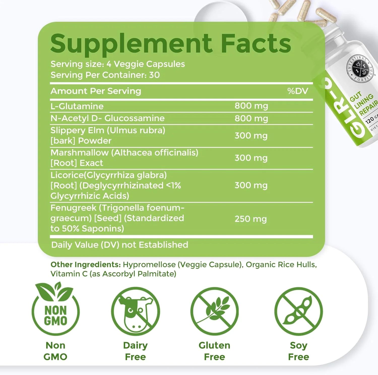 GLR-6 - Gut Lining Repair Supplement for Gut Health - Leaky Gut Repair with L-Glutamine, Slippery Elm, DGL Licorice Root, Marshmallow Root, Fenugreek - IBS, IBD, GERD