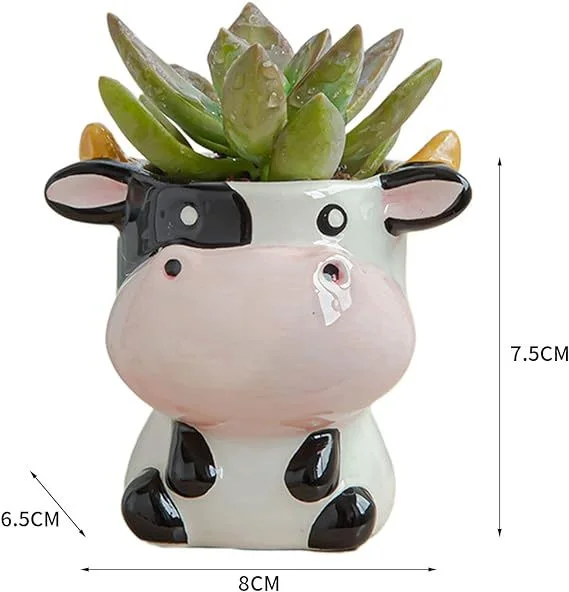 Cute Nordic Style Mini Ceramic Animal Flower Pot for Succulents Plants - Adorable Sheep and Cow Cartoon Design Bonsai Pots - Lovely Decoration