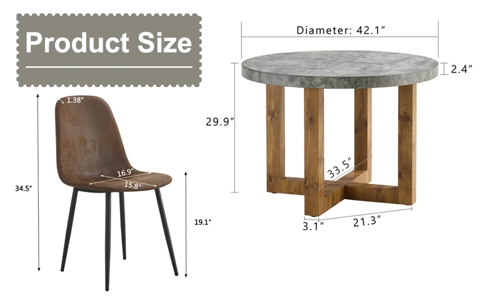 DeeHome A modern and practical circular dining table. Made of MDF tabletop and wooden MDF table legs. A set of 6 brown cushioned chairs. CT-403 B0501A