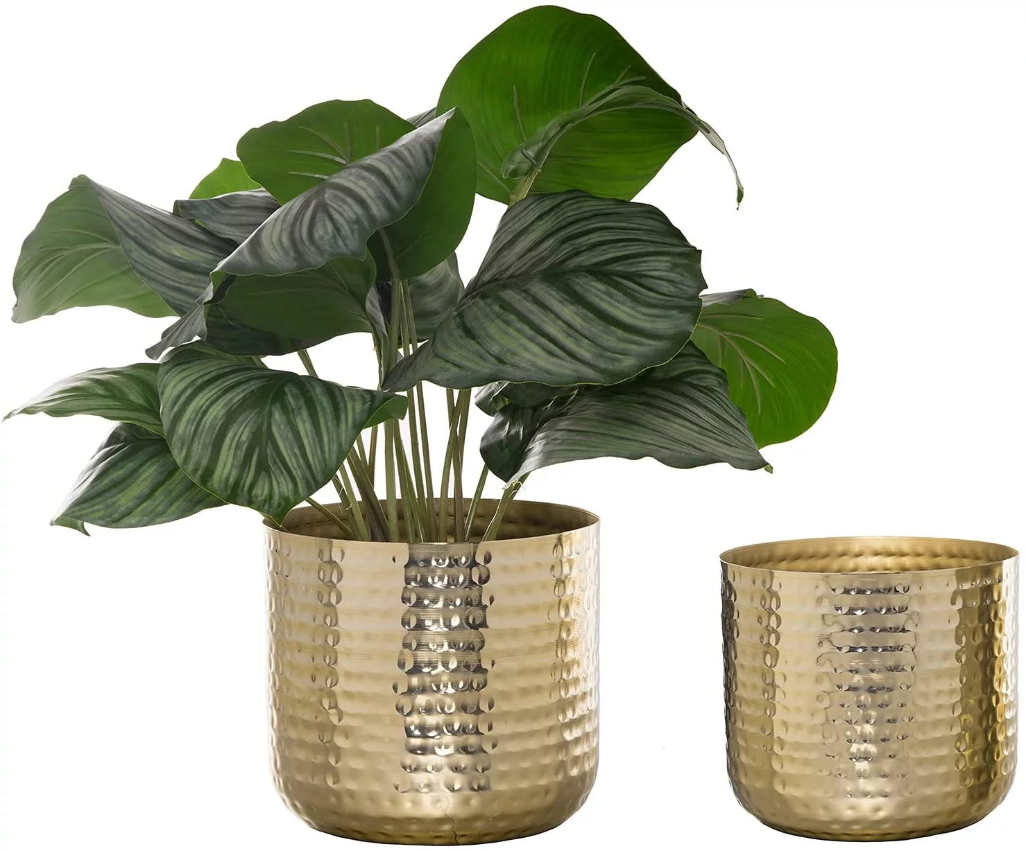 MyGift 2 Piece Hammered Style Cylindrical Planter Pots, Brass Plated Metal