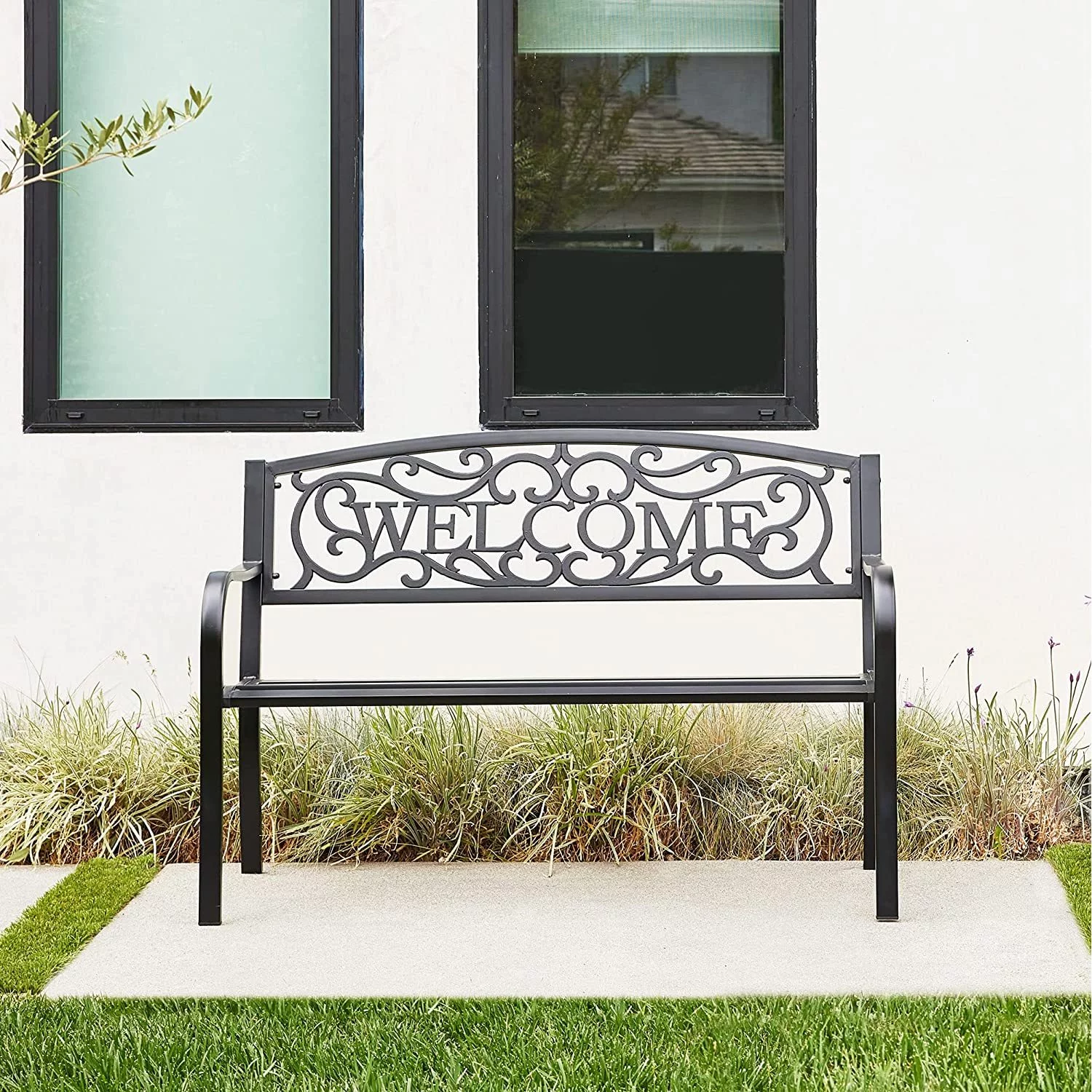 WJUN Outdoor Garden Bench, 50 inch Cast Iron Metal Loveseat Chairs with Armrests for Park, Yard, Porch, Lawn, Balcony, Backyard, Antique Patio Seat Furniture Welcome Design, Black