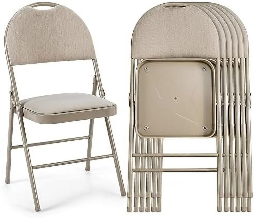 LNSETGC Folding Chairs 6 Pack  Foldable Chair Set with Padded  Handle Hole and Metal Frame Dining Chair Set for Indoor and Outdoor  School  Office and Garden Party (Beige)