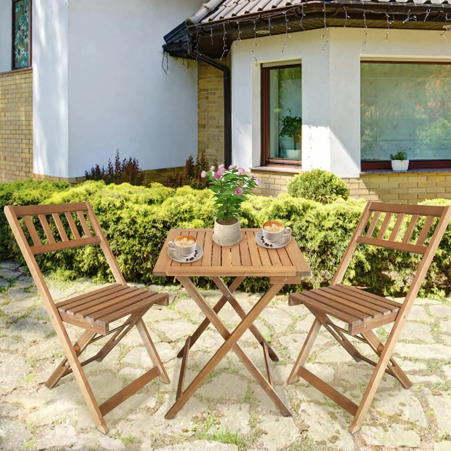 3 Piece Wood Bistro Set Folding Patio Furniture Set Outdoor Table and Chairs Set