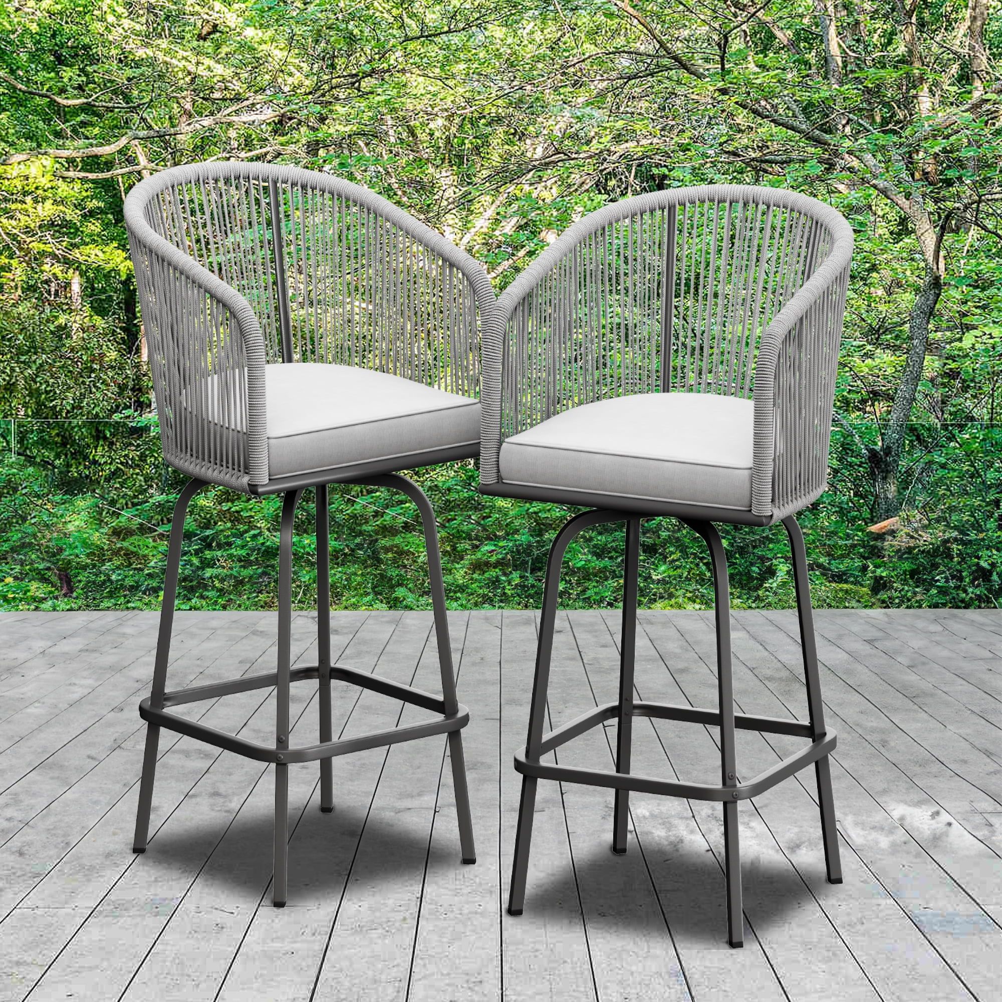 Dextrus 2-Piece Patio Woven Swivel Bar Stools,Outdoor Bar Height Chair with Soft Cushions for Backyard Poolside, Garden w/360 Rotation (Gray)