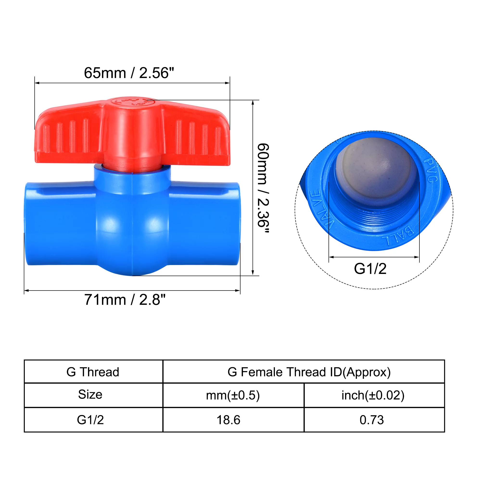Ball Valve, G1/2 Female Thread, PVC Valve for Aquarium Setup, Sump Pump, Pool, Garden Sprinkler Blue Red 2Pcs