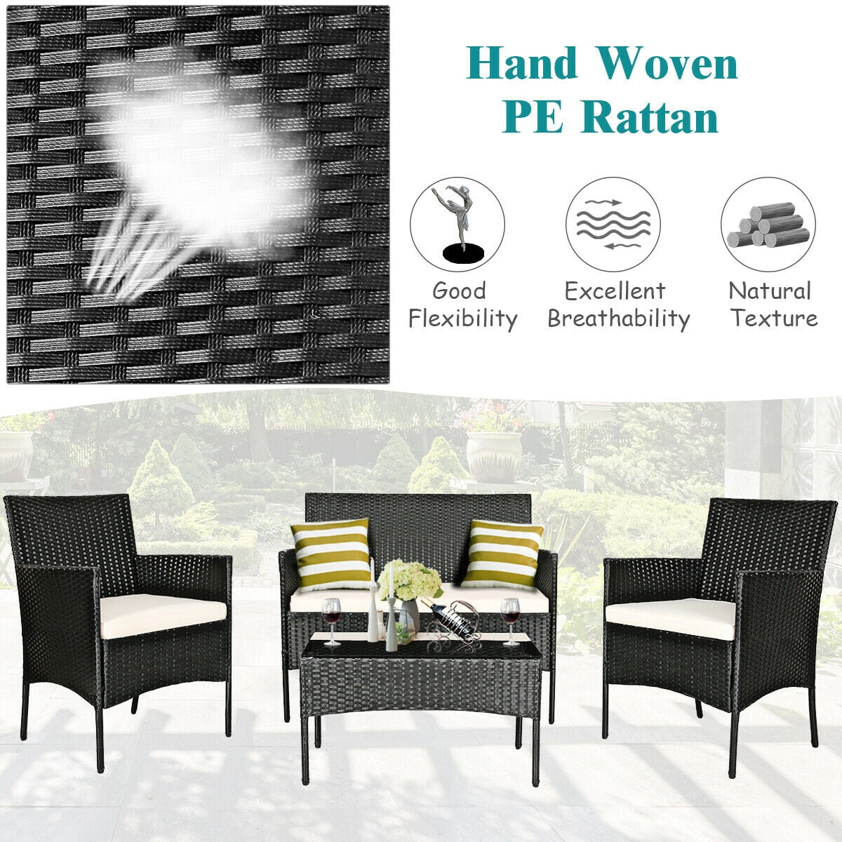 4-Piece Patio Conversation Sofa Set Rattan Wicker Sofa Set with Tempered Glass Coffee Table
