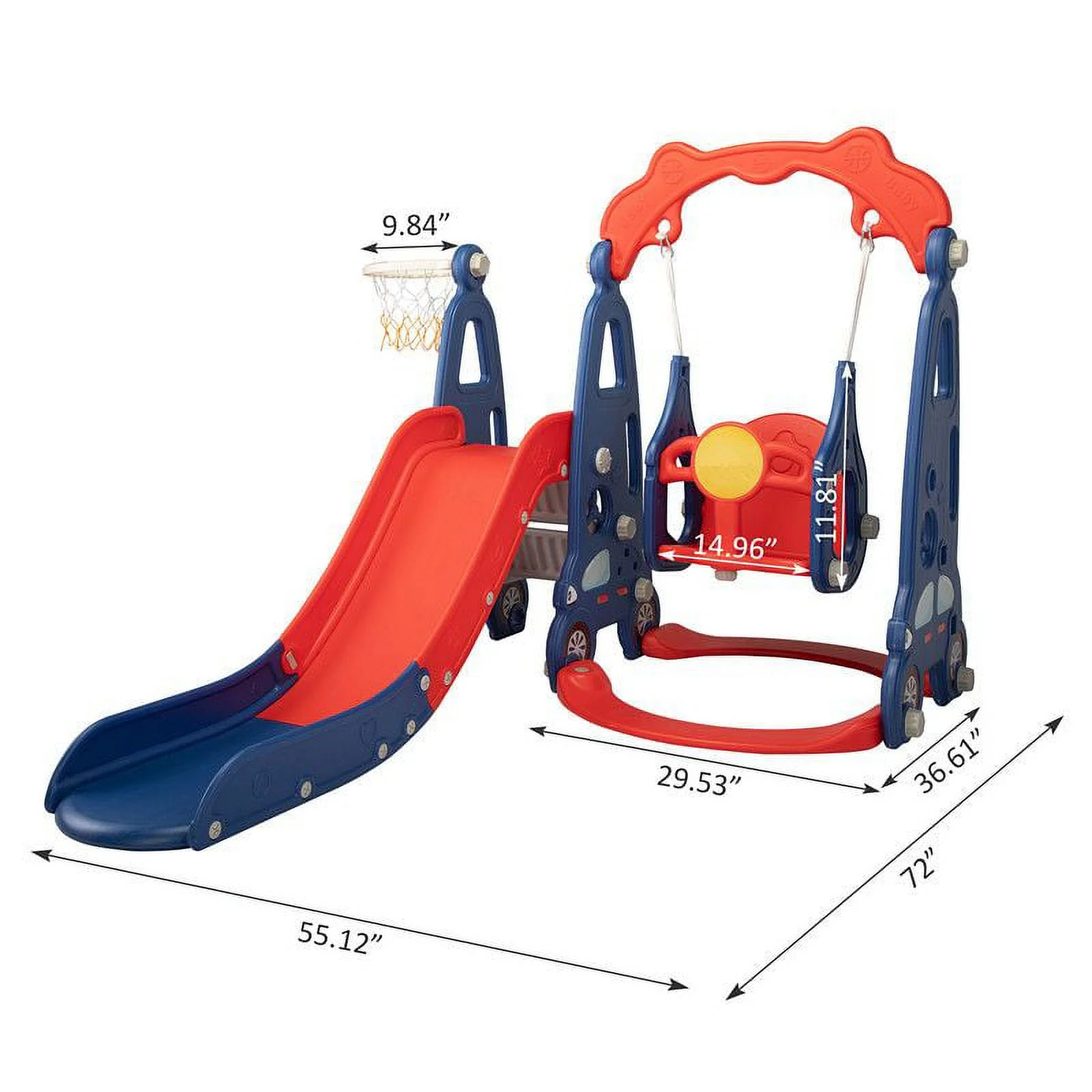 MOCA  3-in-1 Toddler Climber Slide ＆ Swing Set - Extra Long Play Slide Playset for Indoor Outdoor Backyard with Basketball Hoop, Red +Blue