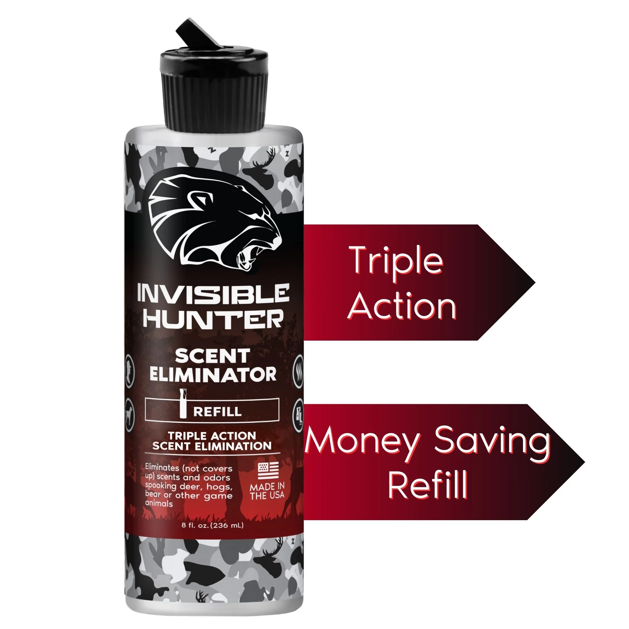 Invisible Hunter Scent Eliminator Refill, 8oz; Triple Action Scent Control Refill; Save Money with the Spray Bottles and Be Invisible to Your Prey