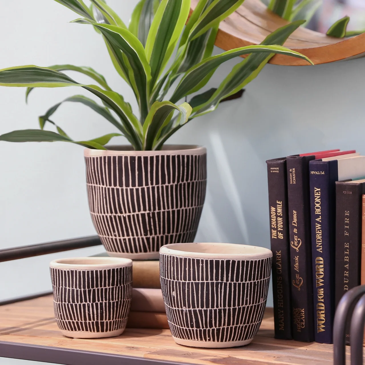 Ceramic Round Pot with Banded Rim Top and Bottom, Embossed Lattice Rectangle Design, Irregular Body and Tapered Bottom