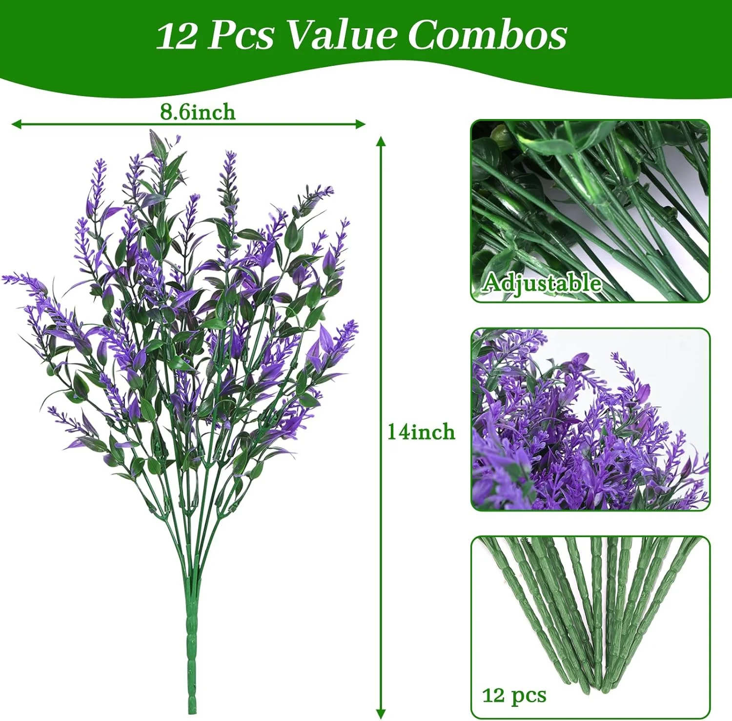 12 Bundles Purple Flowers Artificial Lavender Flowers Outdoors UV Resistant Fake Shrubs Greenery Plants Indoor Plastic Faux Bouquets for Outdoor Home Garden Porch Decoration (Purple)