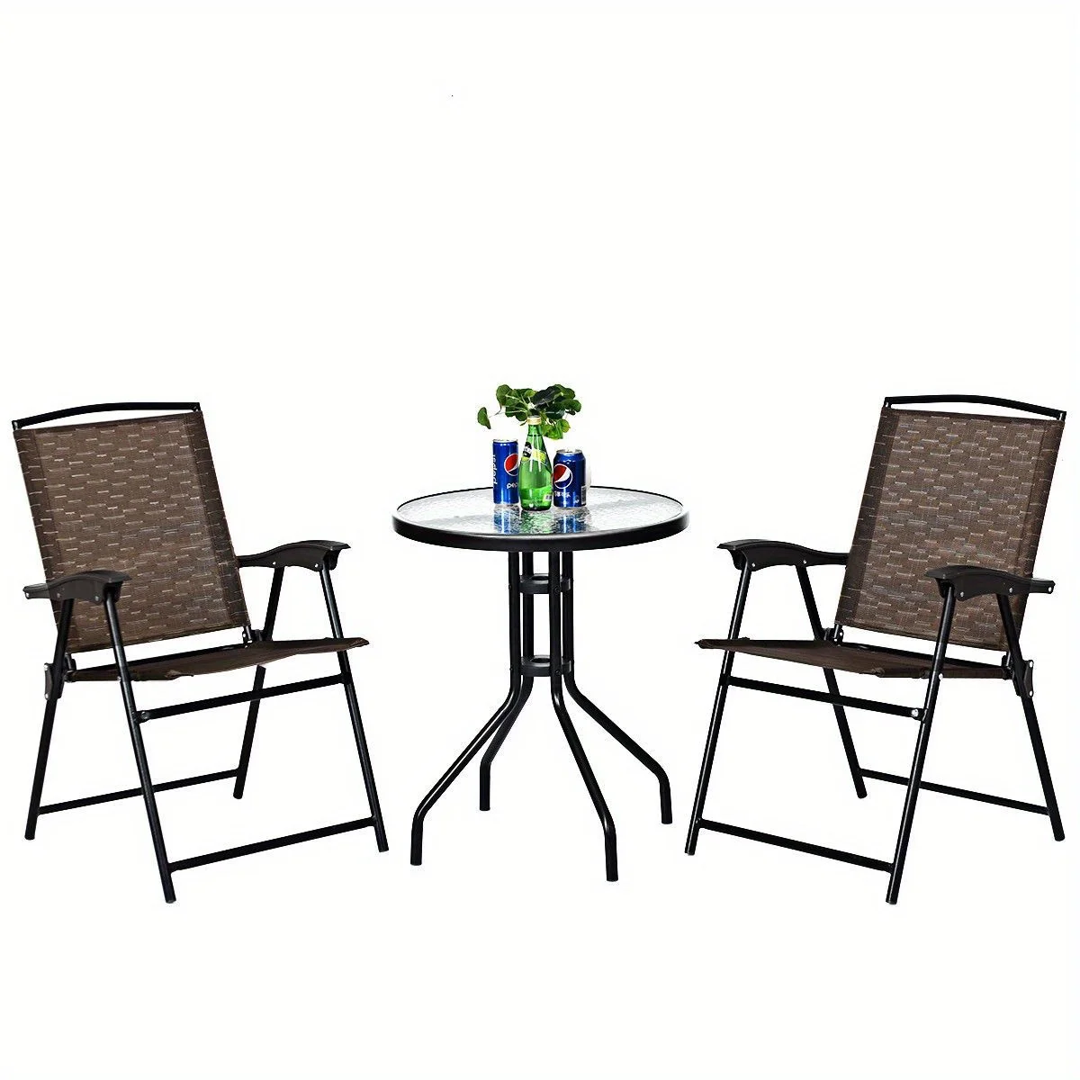 3PC Bistro Patio Garden Furniture Set 2 Folding Chairs Glass Table Top Steel NEW