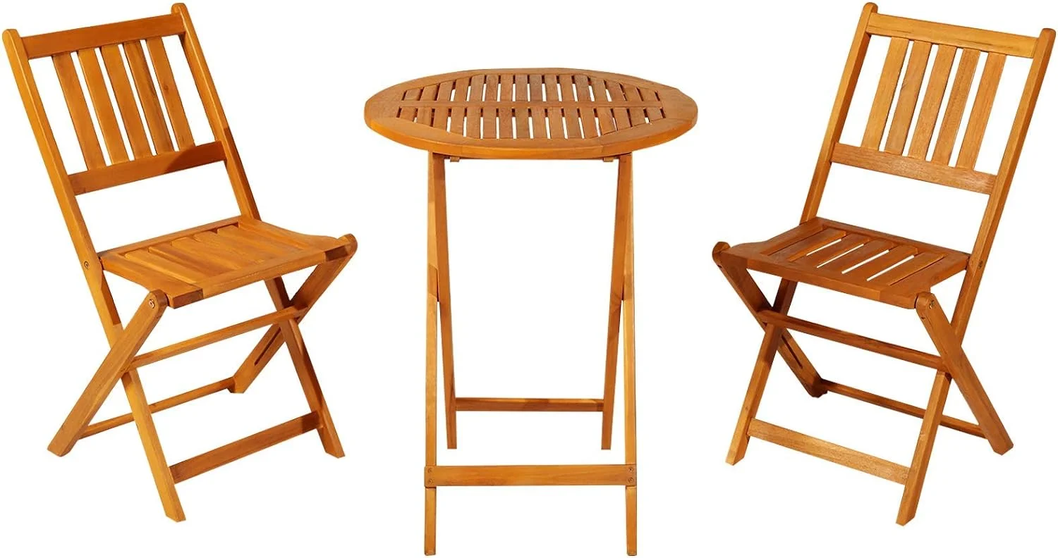 3-Piece Acacia Wood Bistro Set, Folding Patio Furniture with 2 Folding Chairs and Round Coffee Table, Teak, Slatted Finish, for Backyard, Balcony, Deck, Natural
